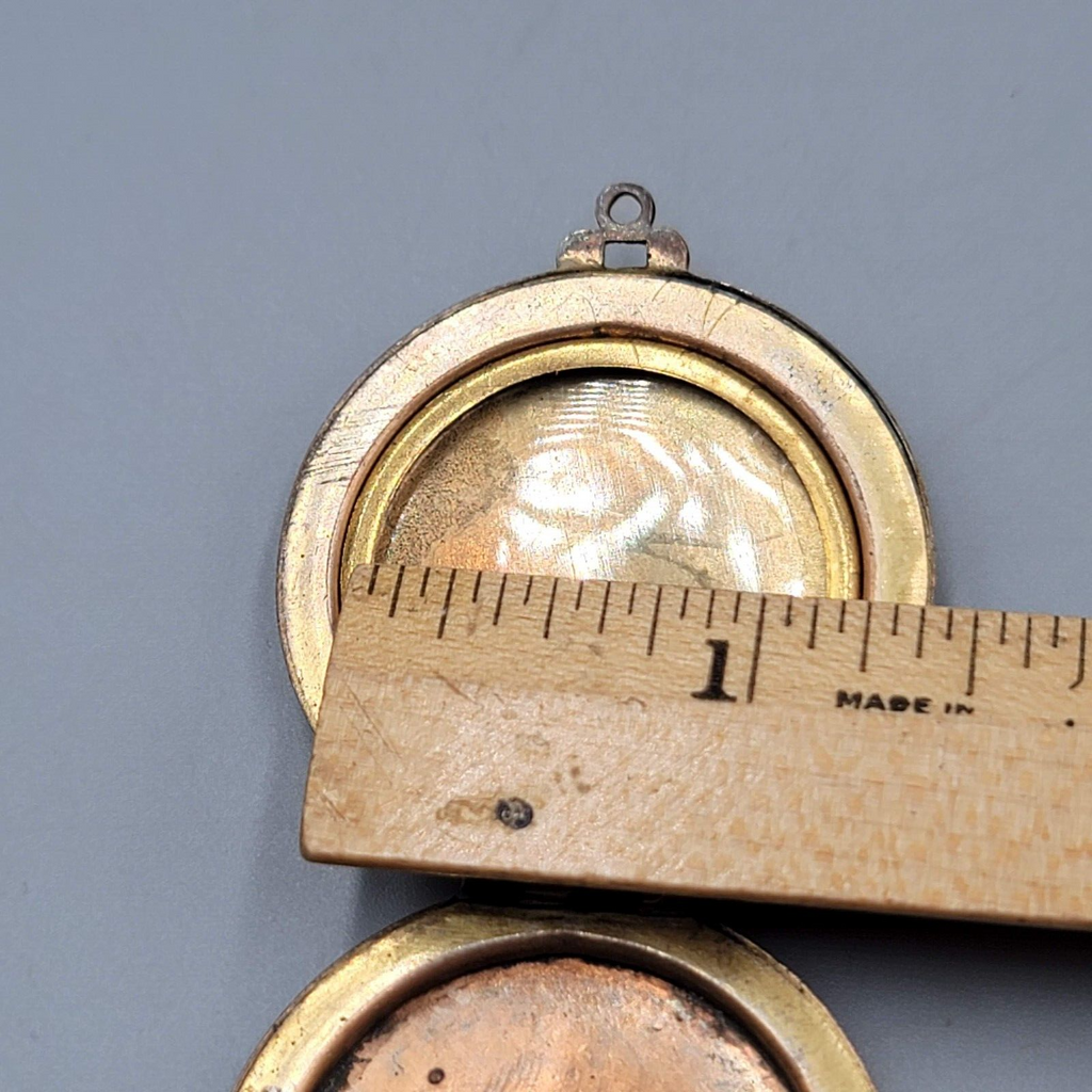Antique Engraved Flower Double Photo Locket Pendant Bronze tone 1 5/8"