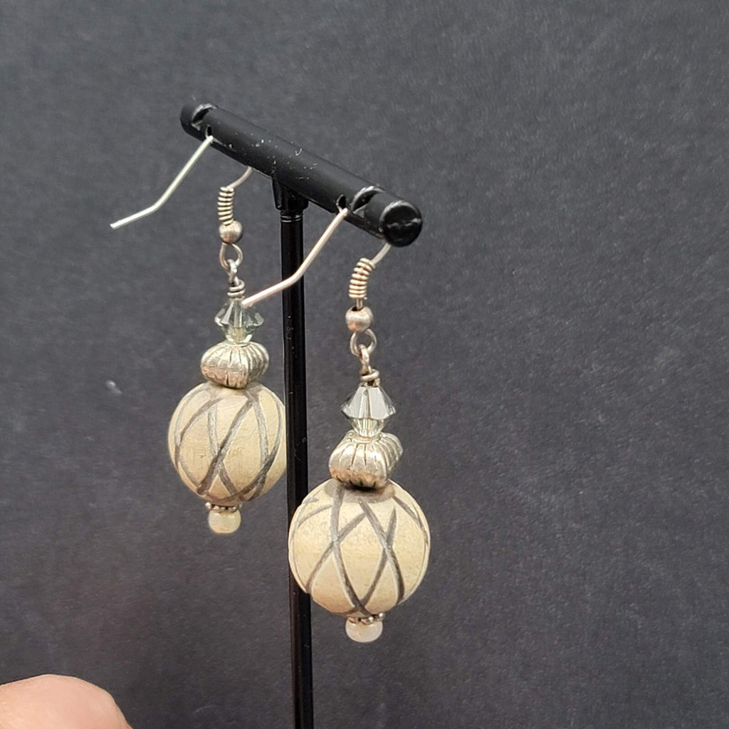 Vintage Pierced Earrings Silver tone Crystal and Wood Carved Bead Dangle 1.5"