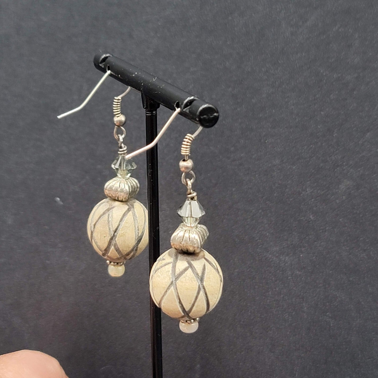 Vintage Pierced Earrings Silver tone Crystal and Wood Carved Bead Dangle 1.5"