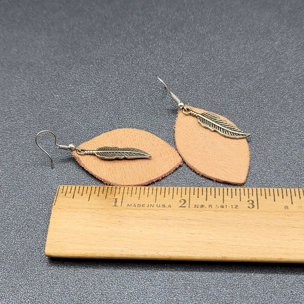 Bohemian Leather Teardrop Dangle Pierced Earrings 1.75" Metal Feather