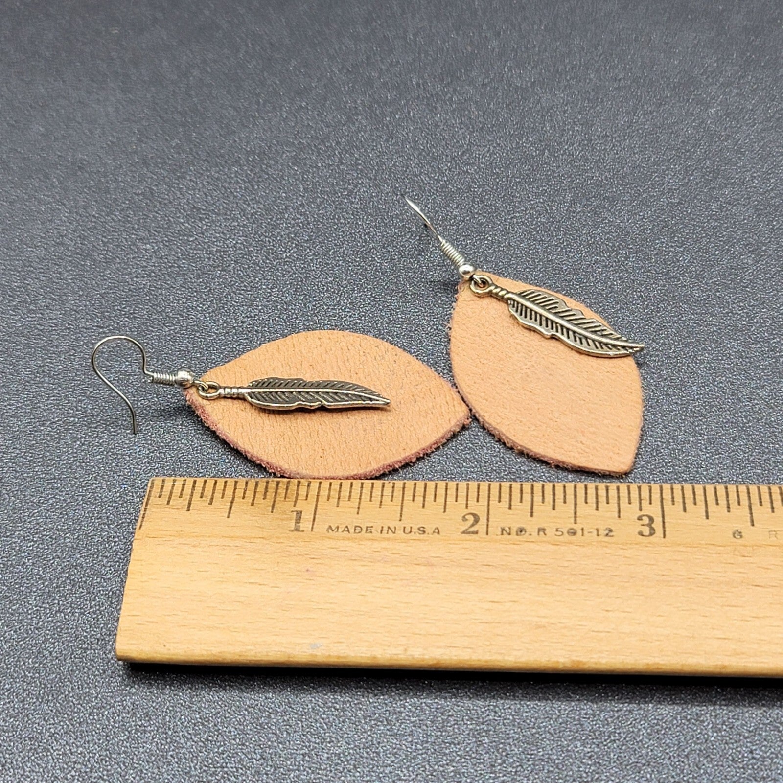 Bohemian Leather Teardrop Dangle Pierced Earrings 1.75" Metal Feather