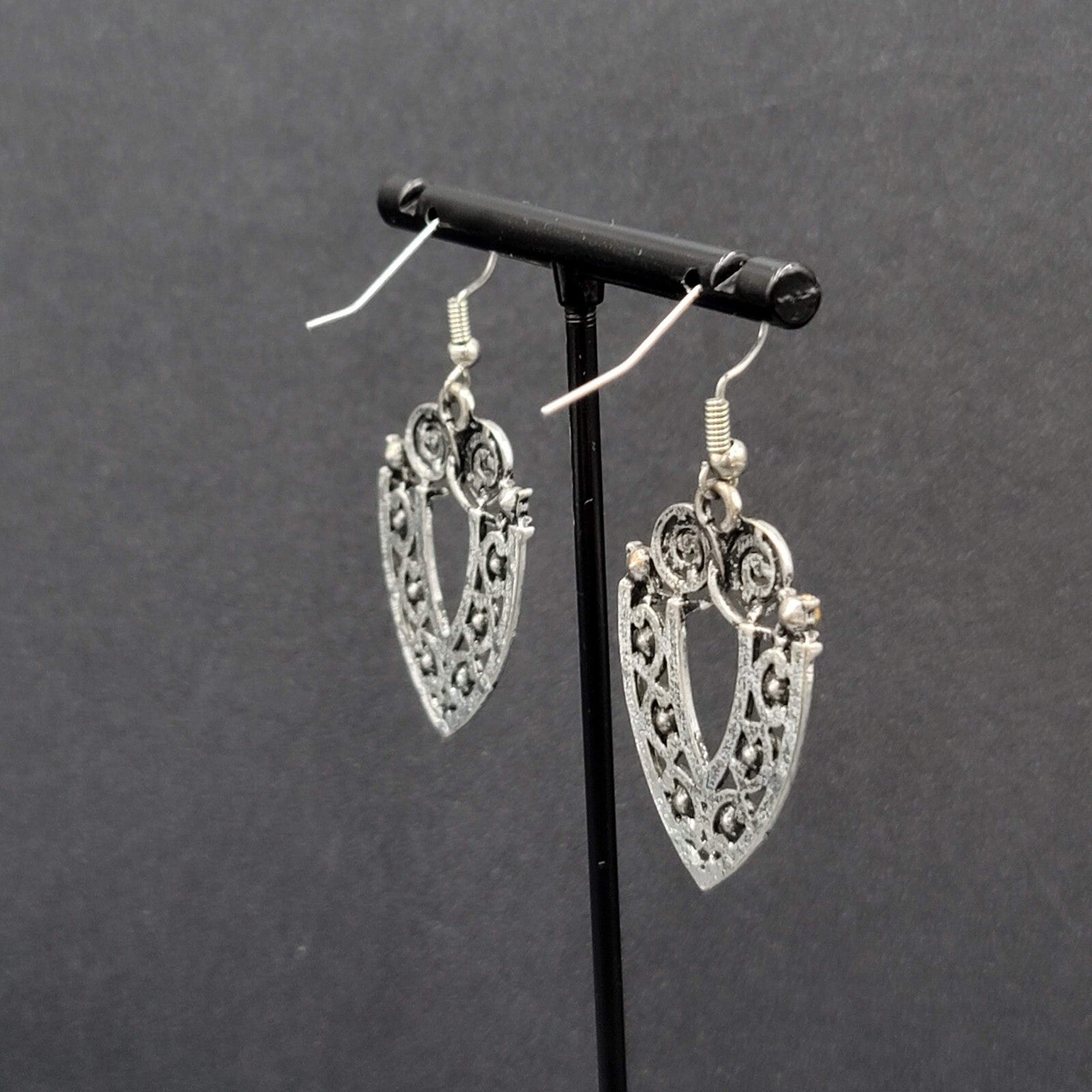 Pierced Earrings Silver tone Orange Rhinestone Dangle 1 3/8"
