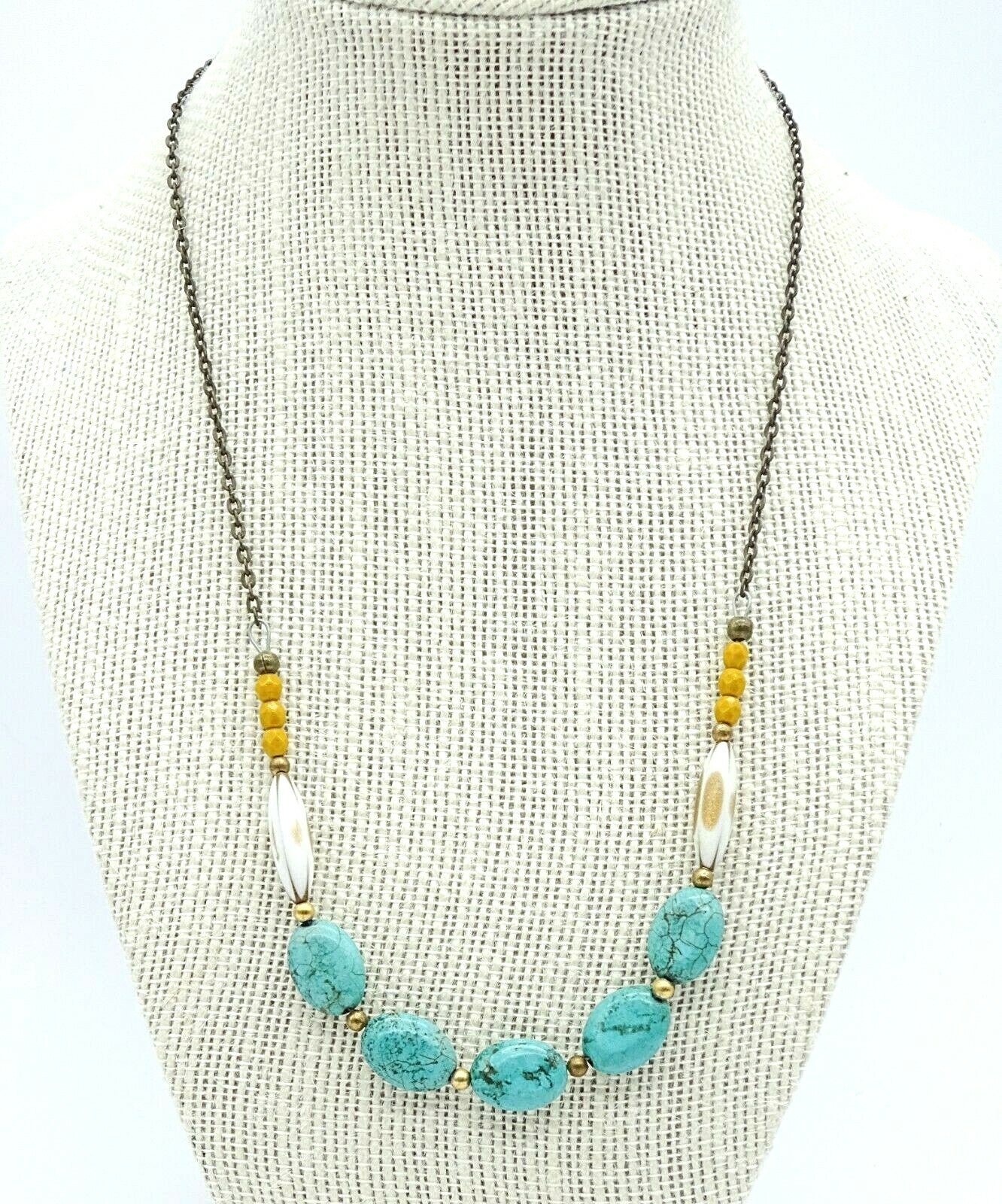 Boho Turquoise Stone Beaded Necklace Bronze tone Chain 20"
