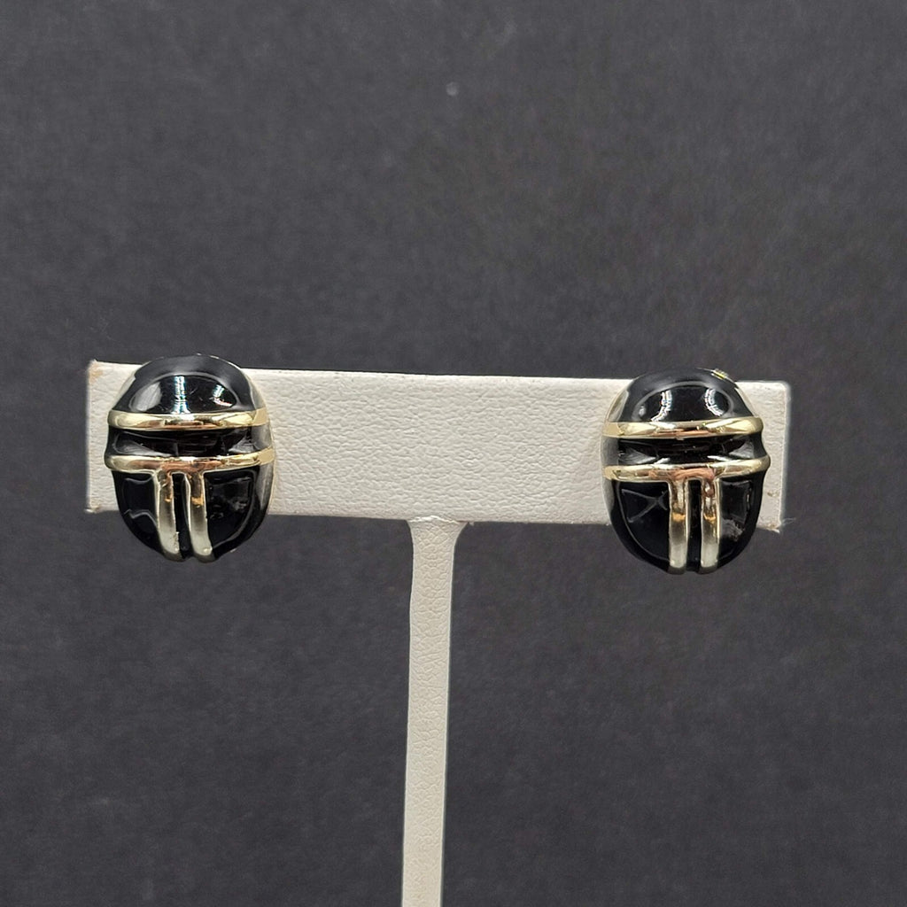 Vintage Clip on Earrings Gold tone Black Enamel Dome Oval Studs 3/4"