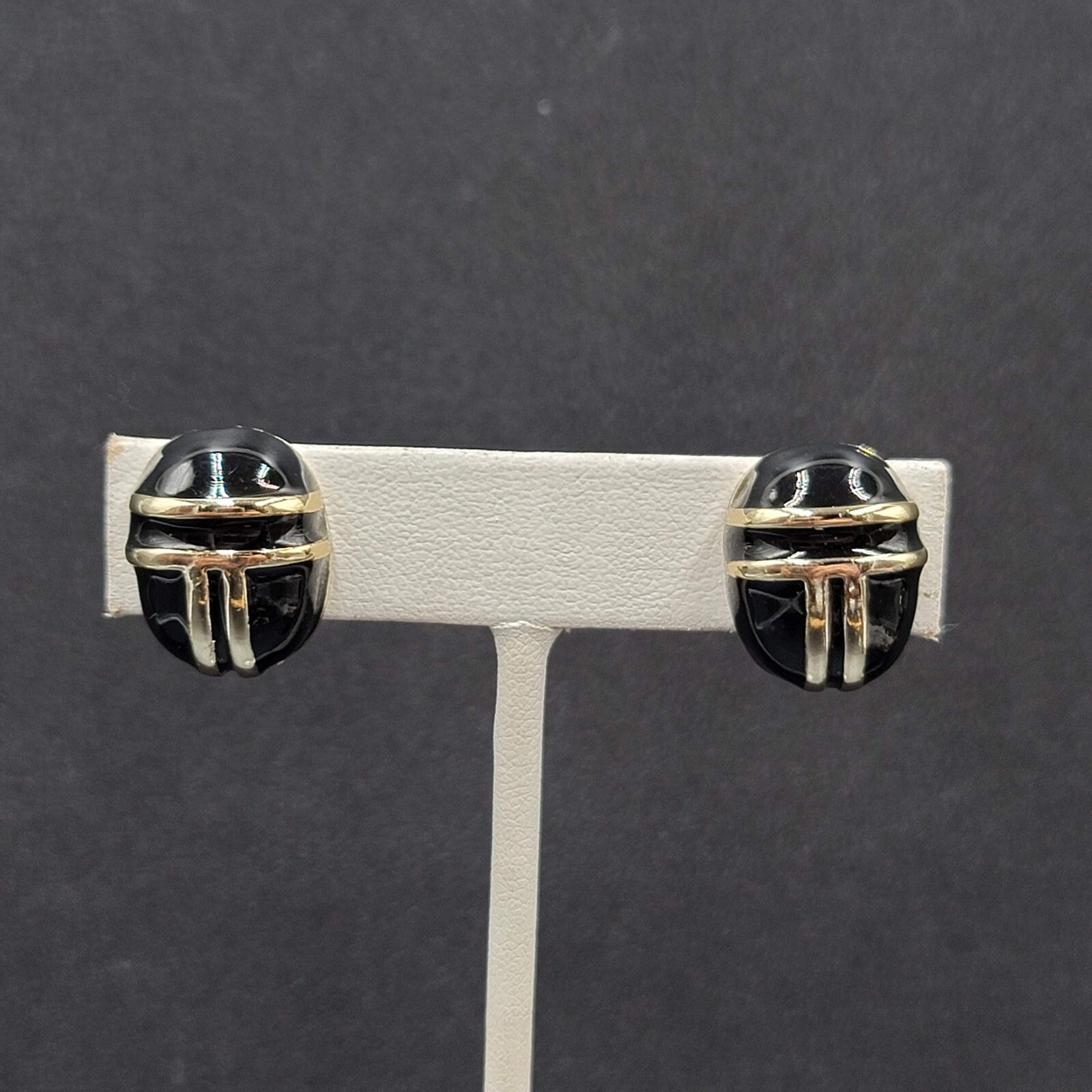 Vintage Clip on Earrings Gold tone Black Enamel Dome Oval Studs 3/4"