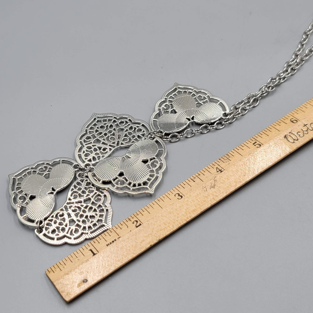 Purple Teardrop Cats Eye Necklace Filigree Silver tone 18"-20"
