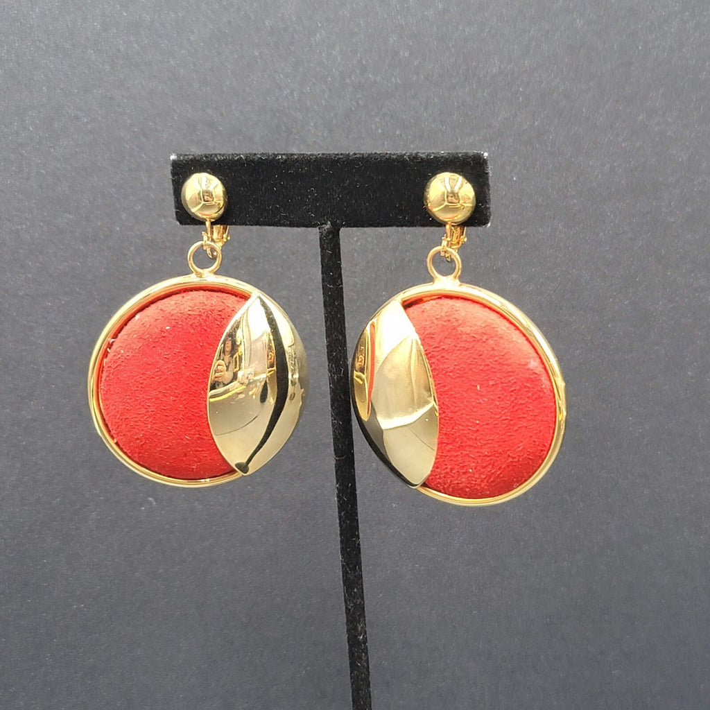 Vintage Clip on Earrings Large Statement Red Felt Gold tone  2.5"