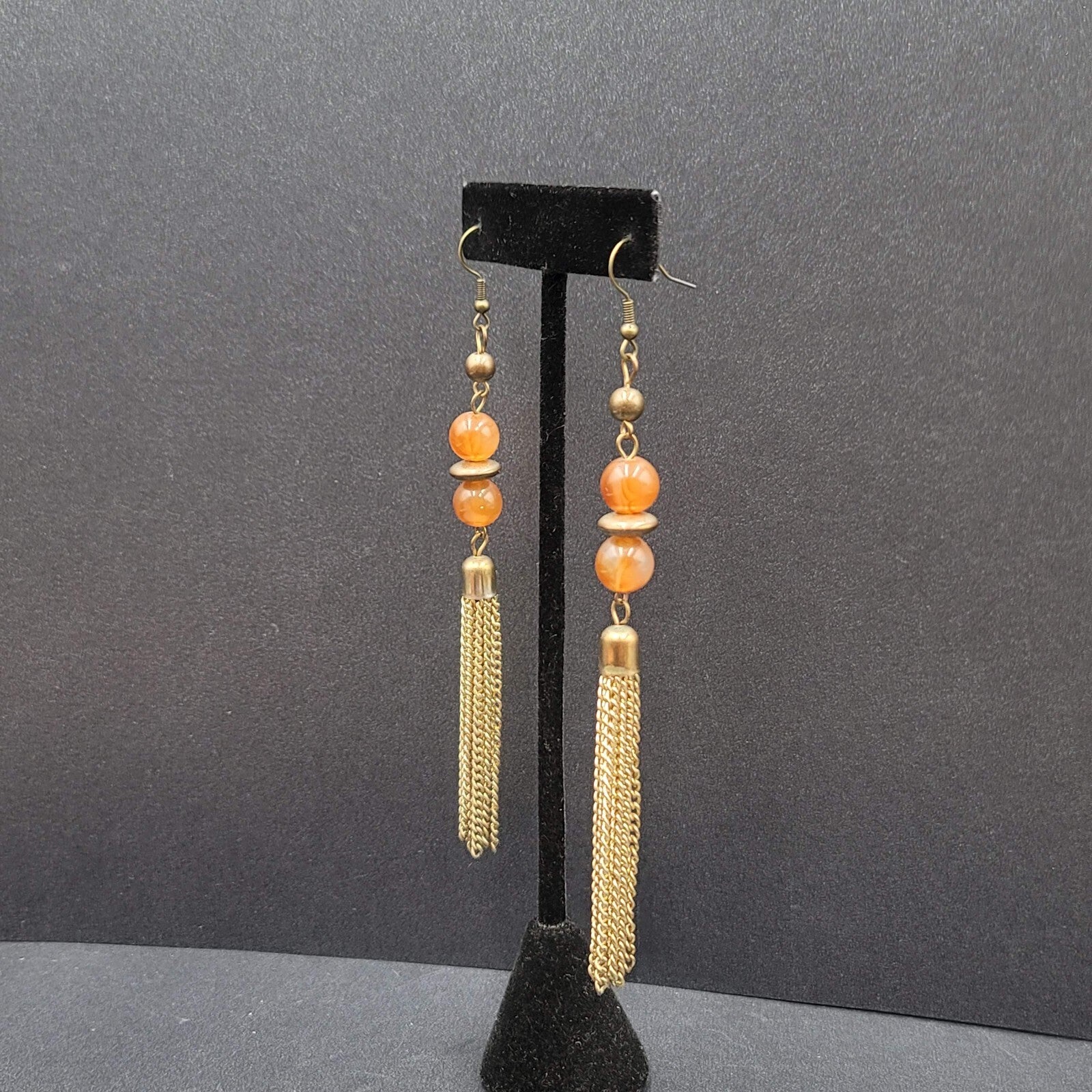 Pierced Earrings Gold tone Multi Chain Orange Bead Extra Long Dangle 4"