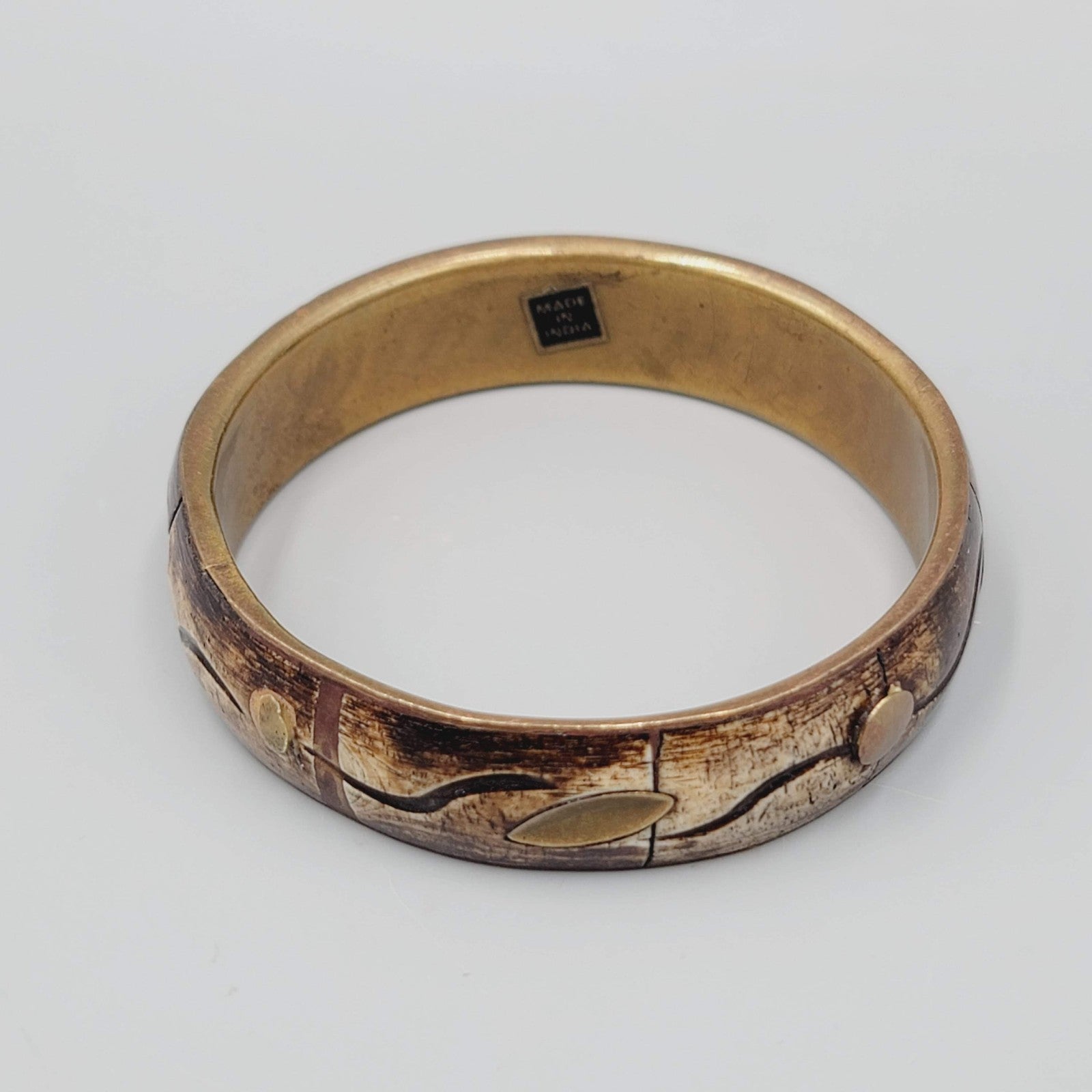 Vintage Bangle Bracelet Bovine Cow Bone Brass Inlay Made in India