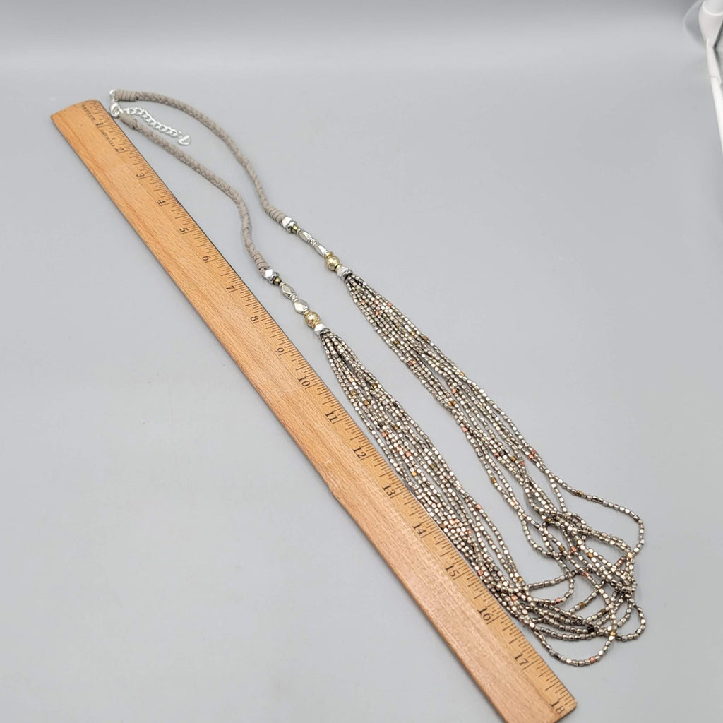 Nakomol Necklace Gray Braided Leather Metallic Seed Beads Long Layered 36 in
