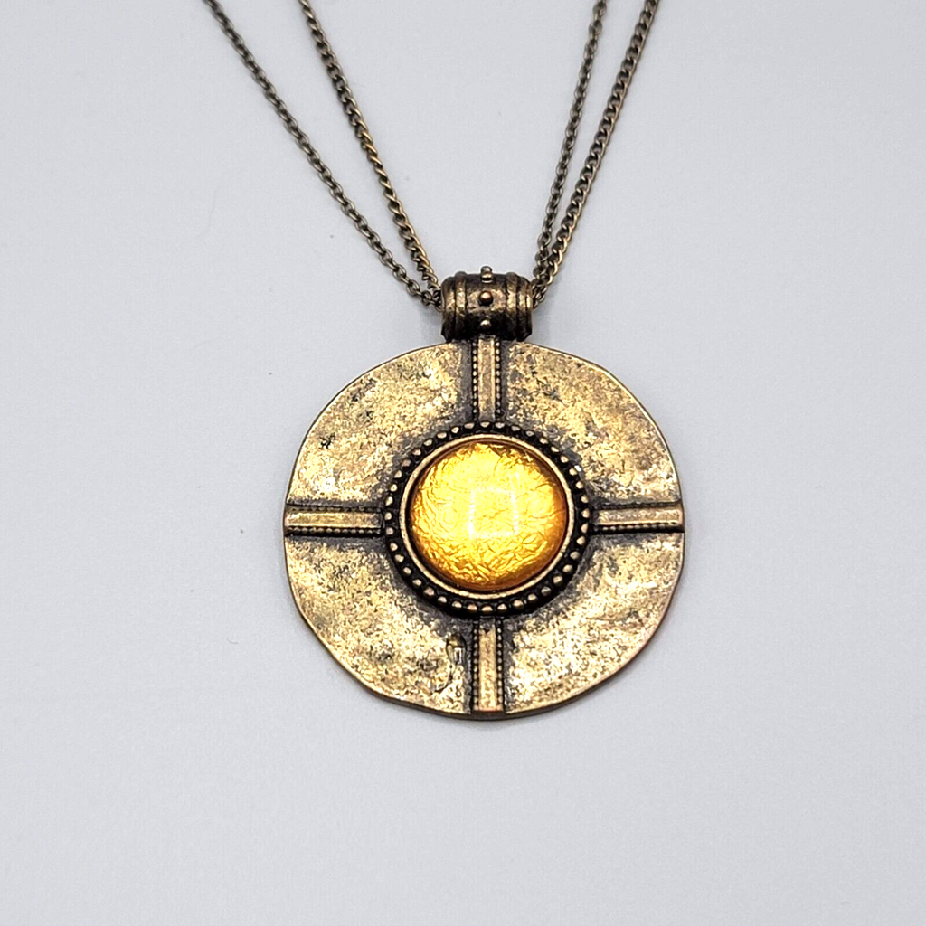 Large Medallion Pendant Necklace Bronze tone Yellow Glass 28"-31" Double Chain