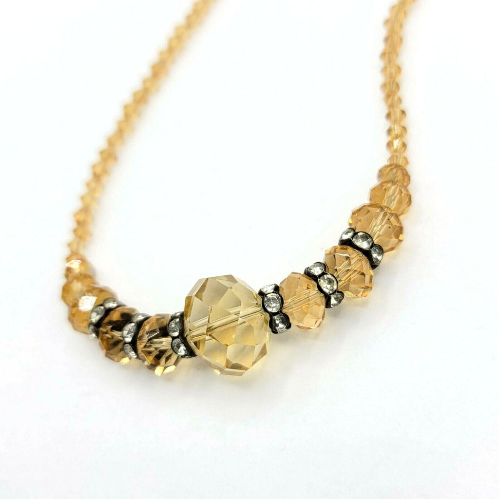 Yellow Crystal Necklace Single Strand Glass Bead Sparkly 19" Magnet Clasp