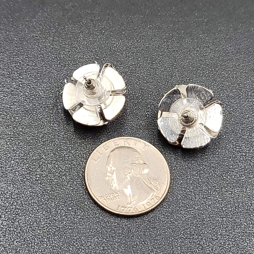 Pierced Earrings Silver tone Rhinestones Flower 3D Studs  3/4"