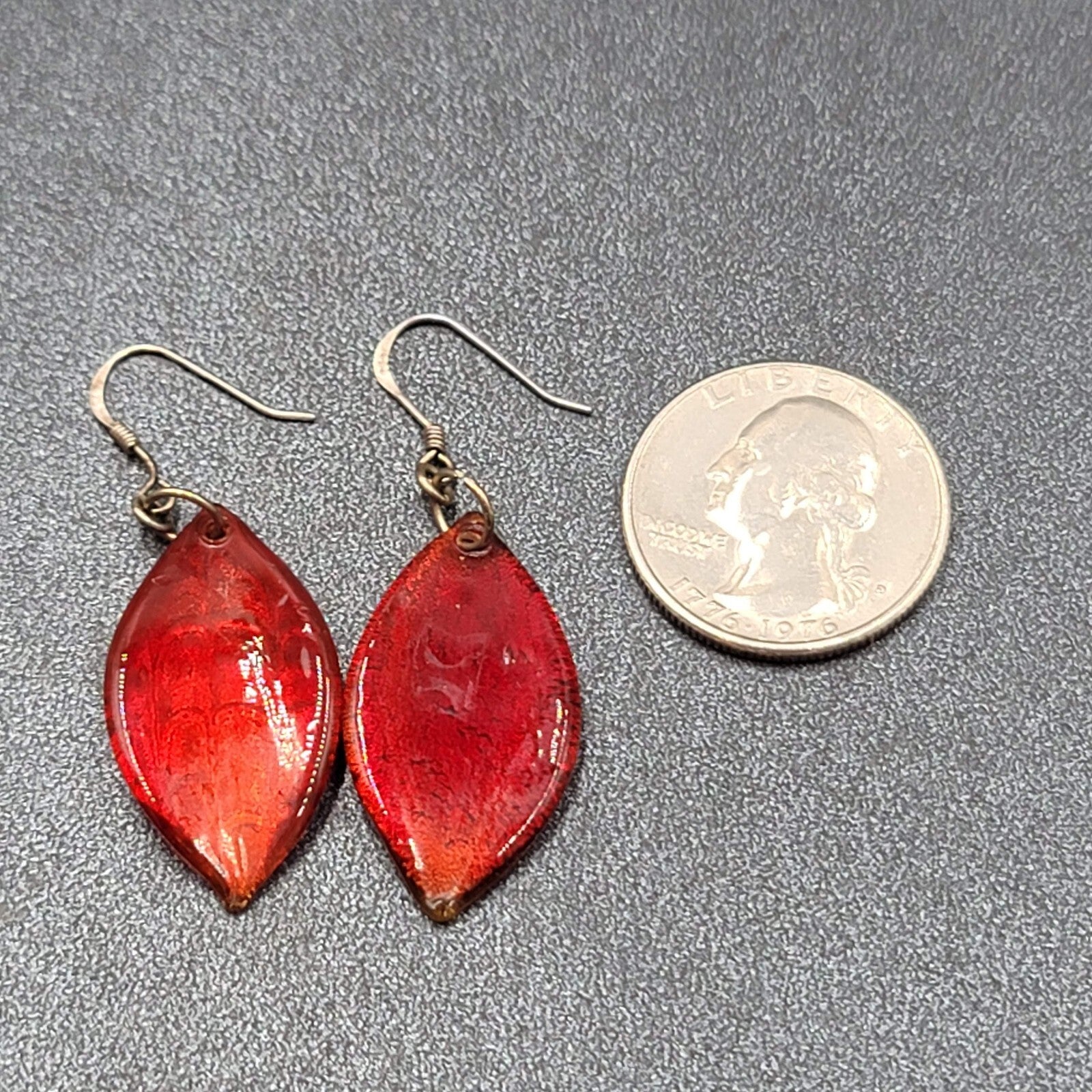 Sterling Silver Pierced Earrings Dichroic Red Glass Dangle 1.25"