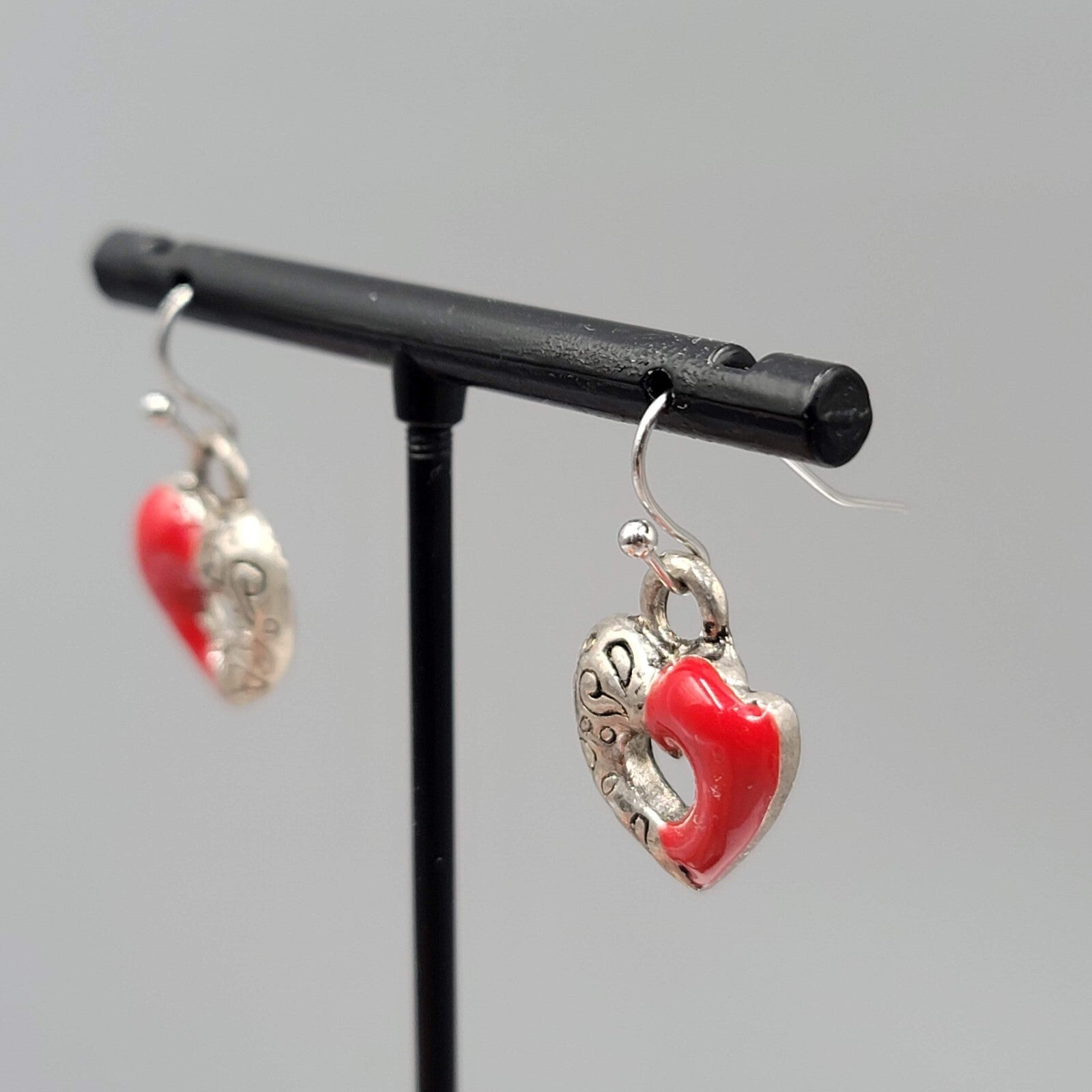 Heart Pierced Earrings Silver tone Red Enamel Dangle 5/8"