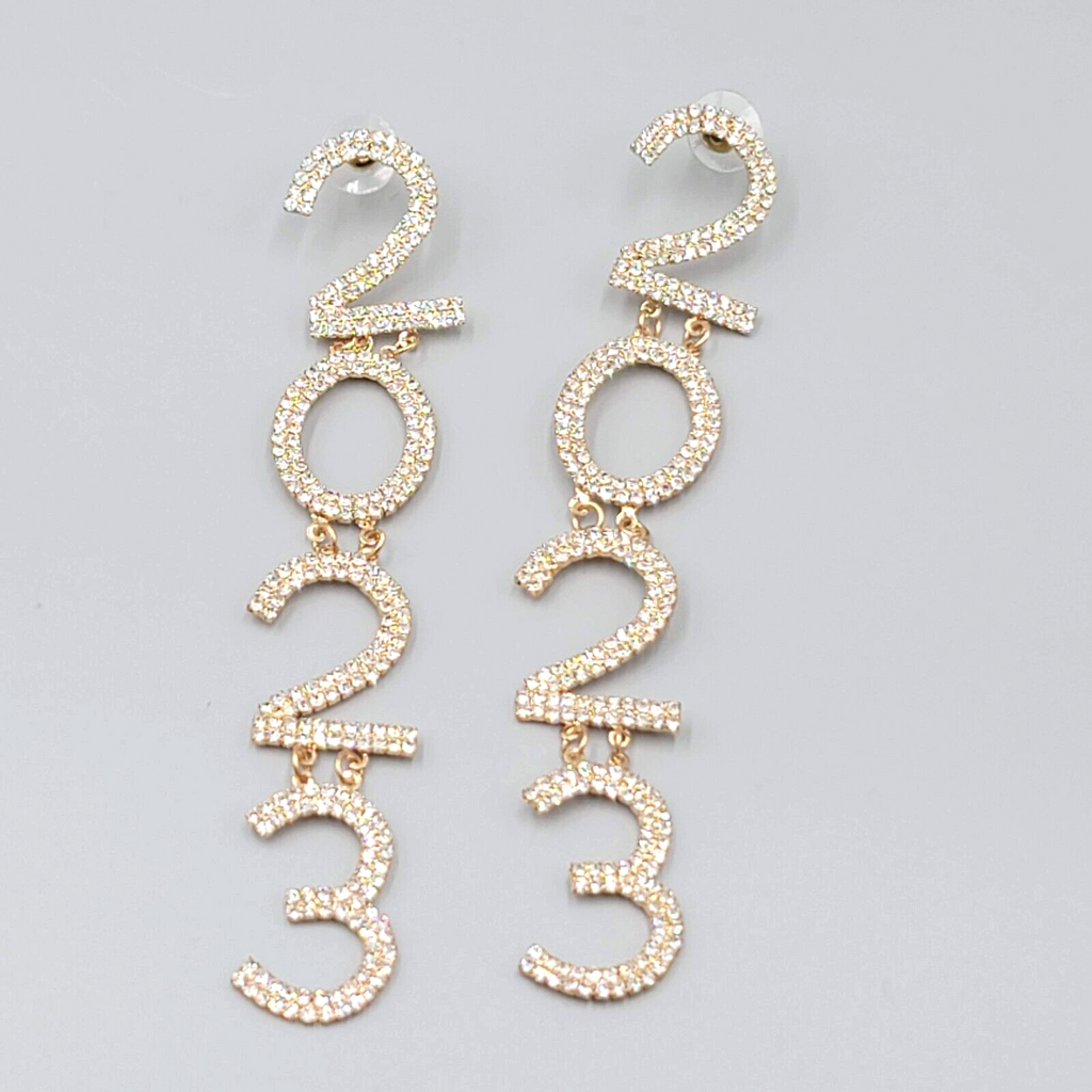 2023 Pierced Earrings Gold tone Rhinestone Dangle Long 4.75"