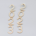 2023 Pierced Earrings Gold tone Rhinestone Dangle Long 4.75"