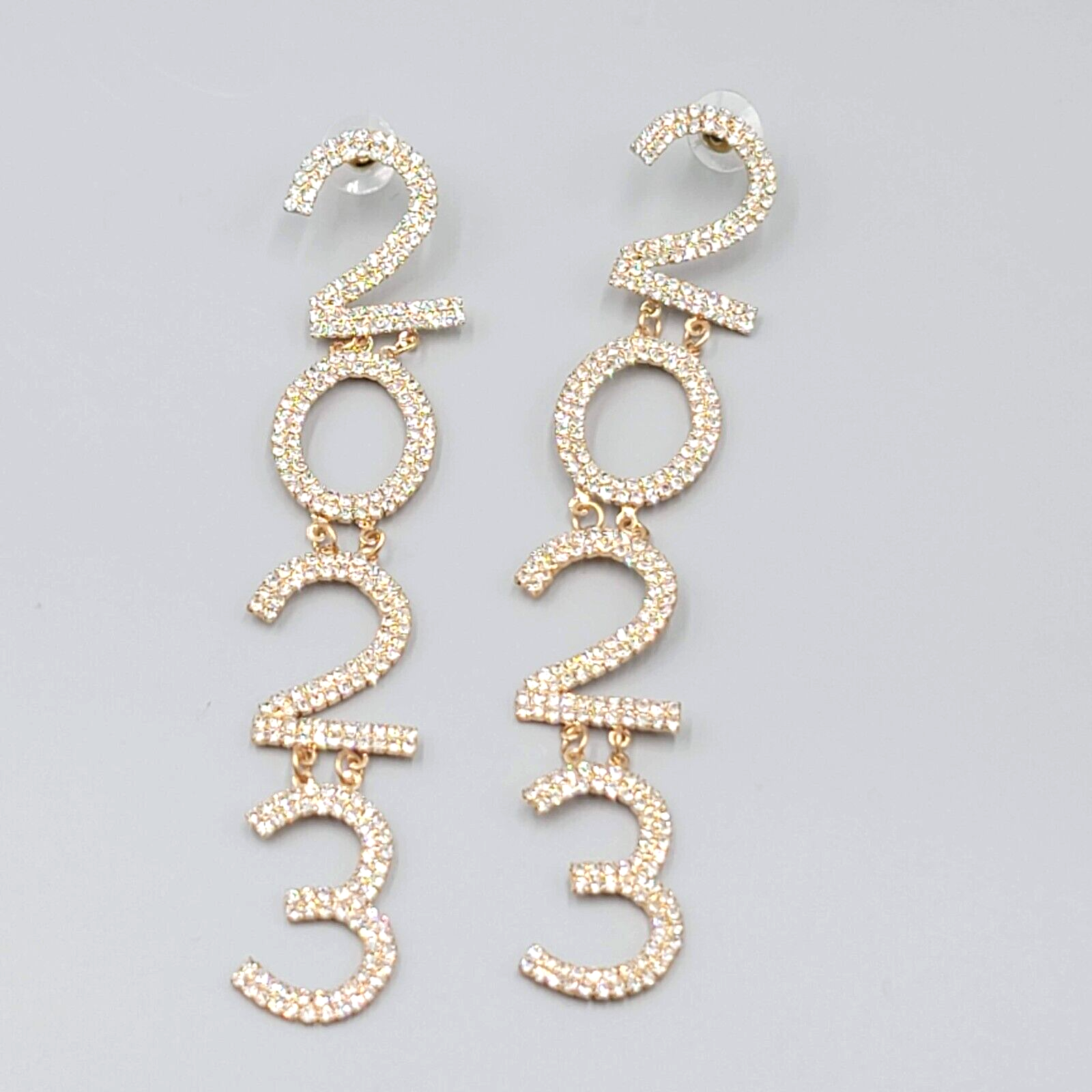 2023 Pierced Earrings Gold tone Rhinestone Dangle Long 4.75"