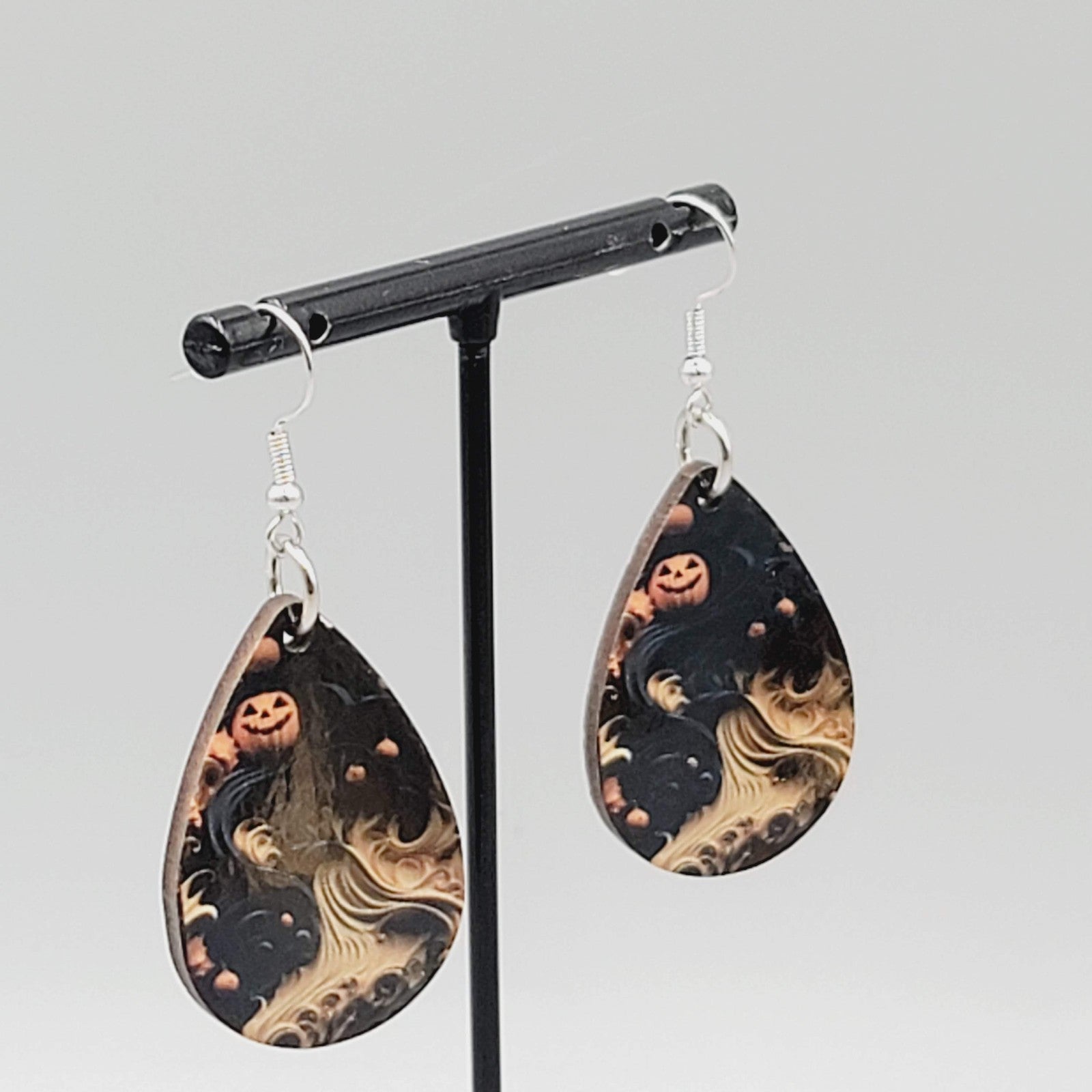 Halloween Pierced Earrings Wood Teardrop Dangle Two Sided 1.5"
