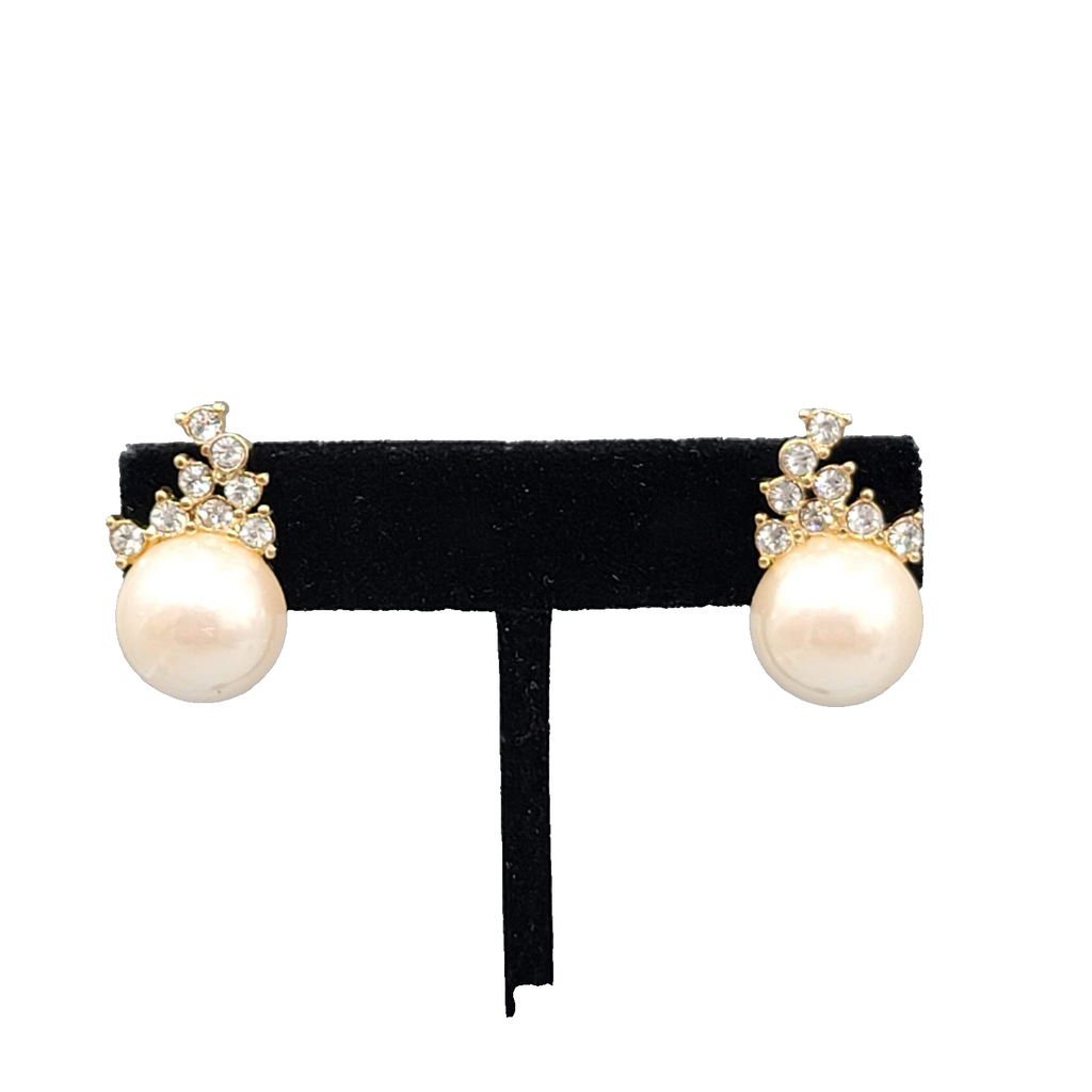 Faux Pearl Crystal Rhinestone Pierced Earrings Gold tone Drop 7/8 in