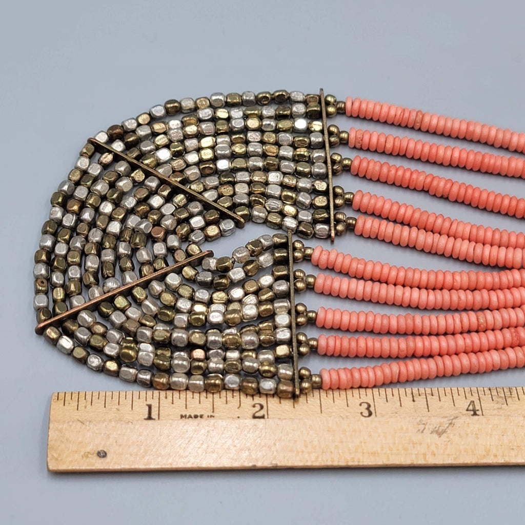 Artisan Faux Coral Bead Bib Boho Necklace Pink Metal Multistrand 20"