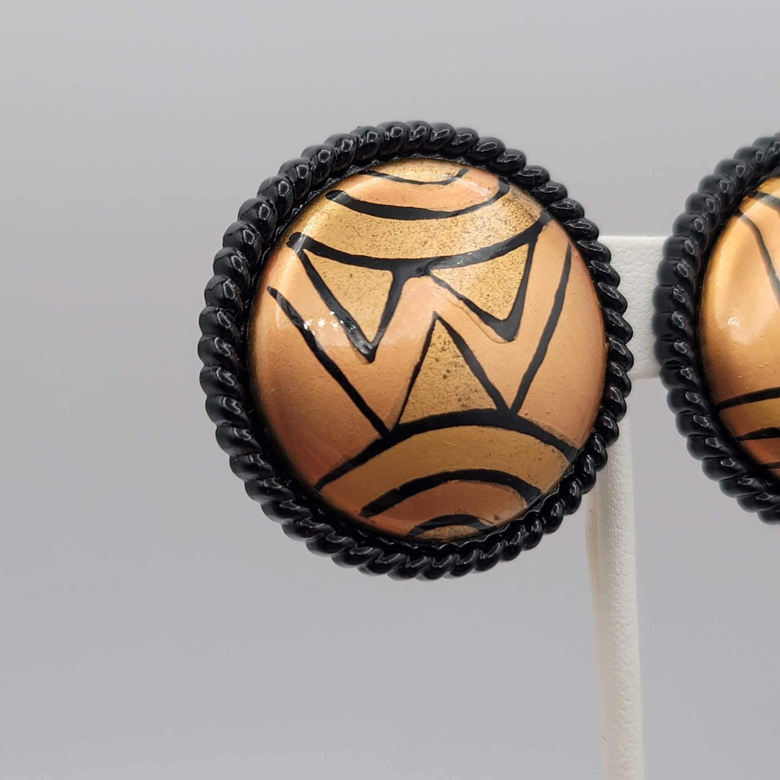 Vintage Clip on Earrings Round Hand Painted Black Gold tone Statement 1.5 in