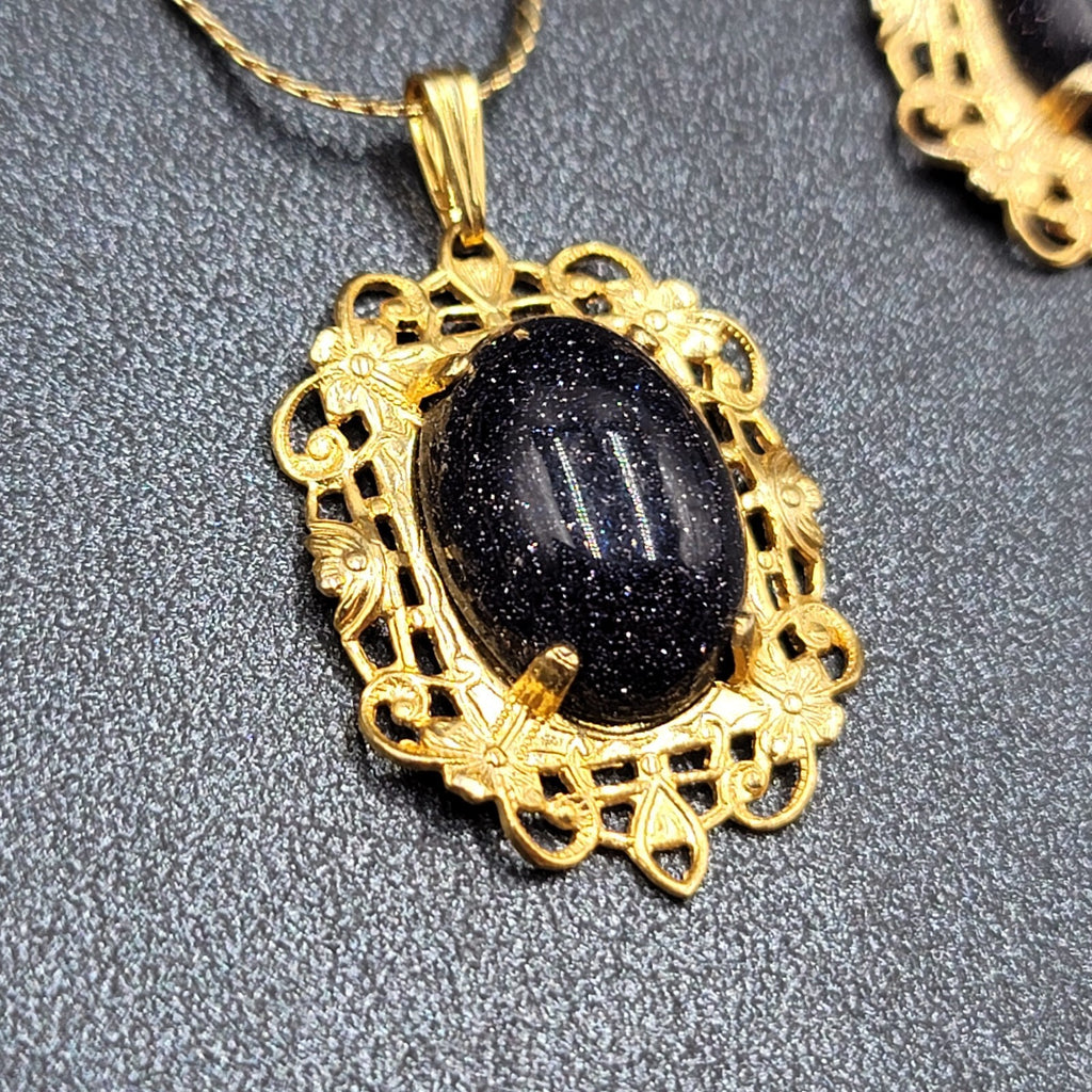 Necklace Earrings Set Gold tone Purple Sandstone Oval 16.5" Chain Earrings 1.25"