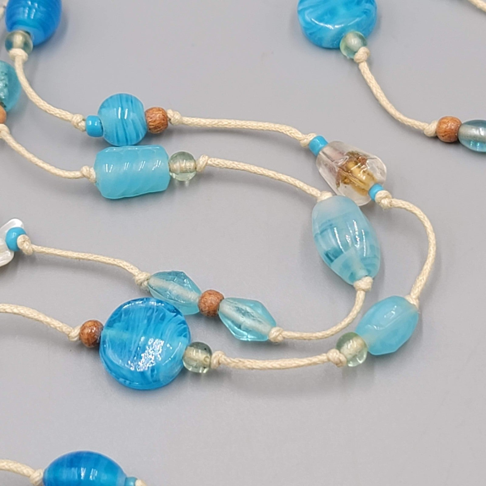 Vintage Blue Glass Bead Necklace Beach Theme Nautical Seashell Accents Long 44"