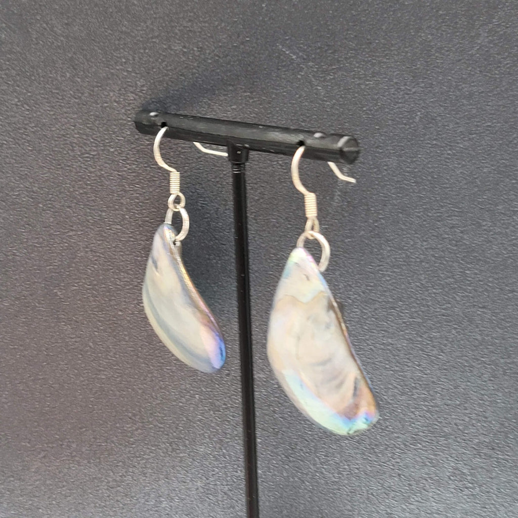 Real Seashell Pierced Earrings Blue Iridescent Sheen Dangle 1 3/8"