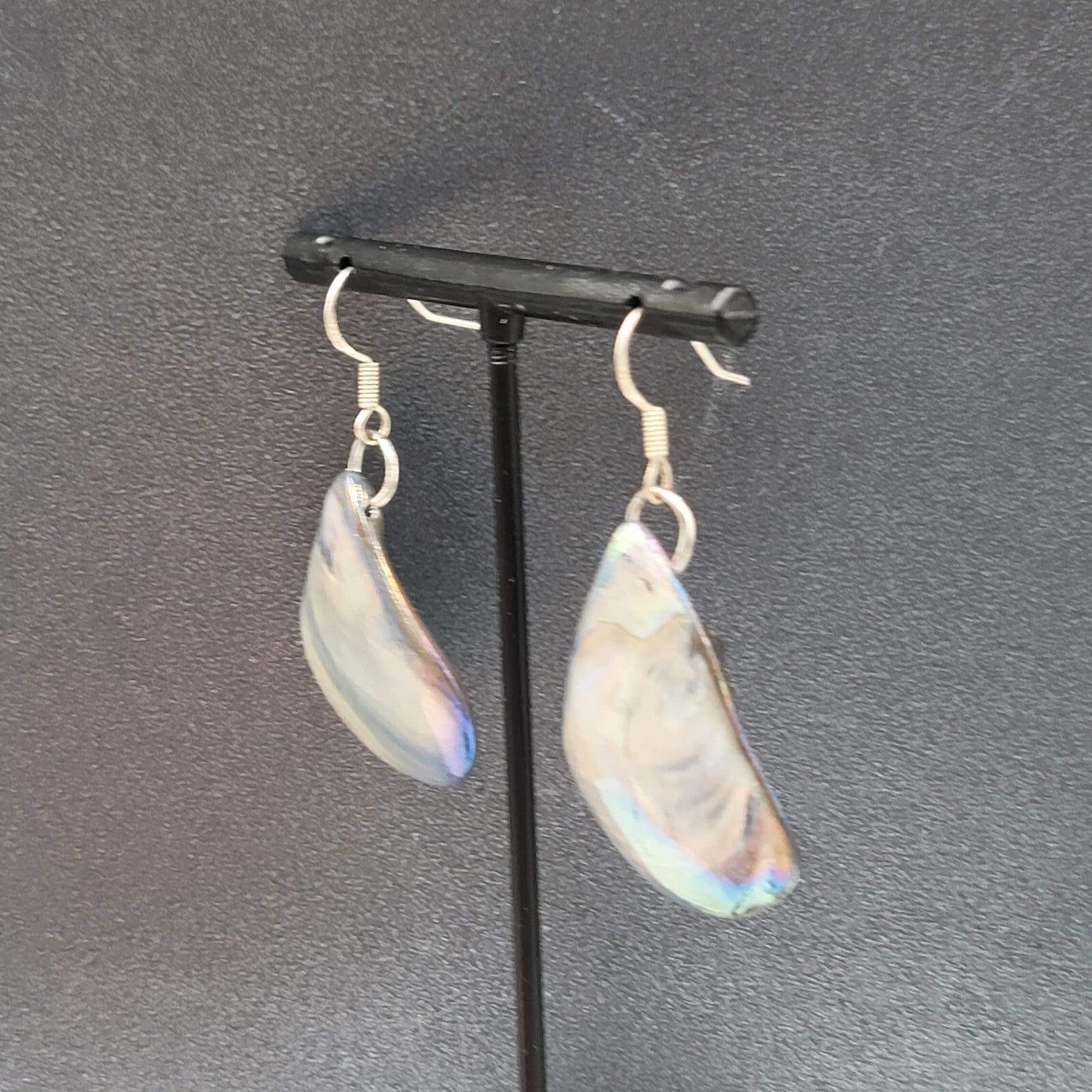 Real Seashell Pierced Earrings Blue Iridescent Sheen Dangle 1 3/8"