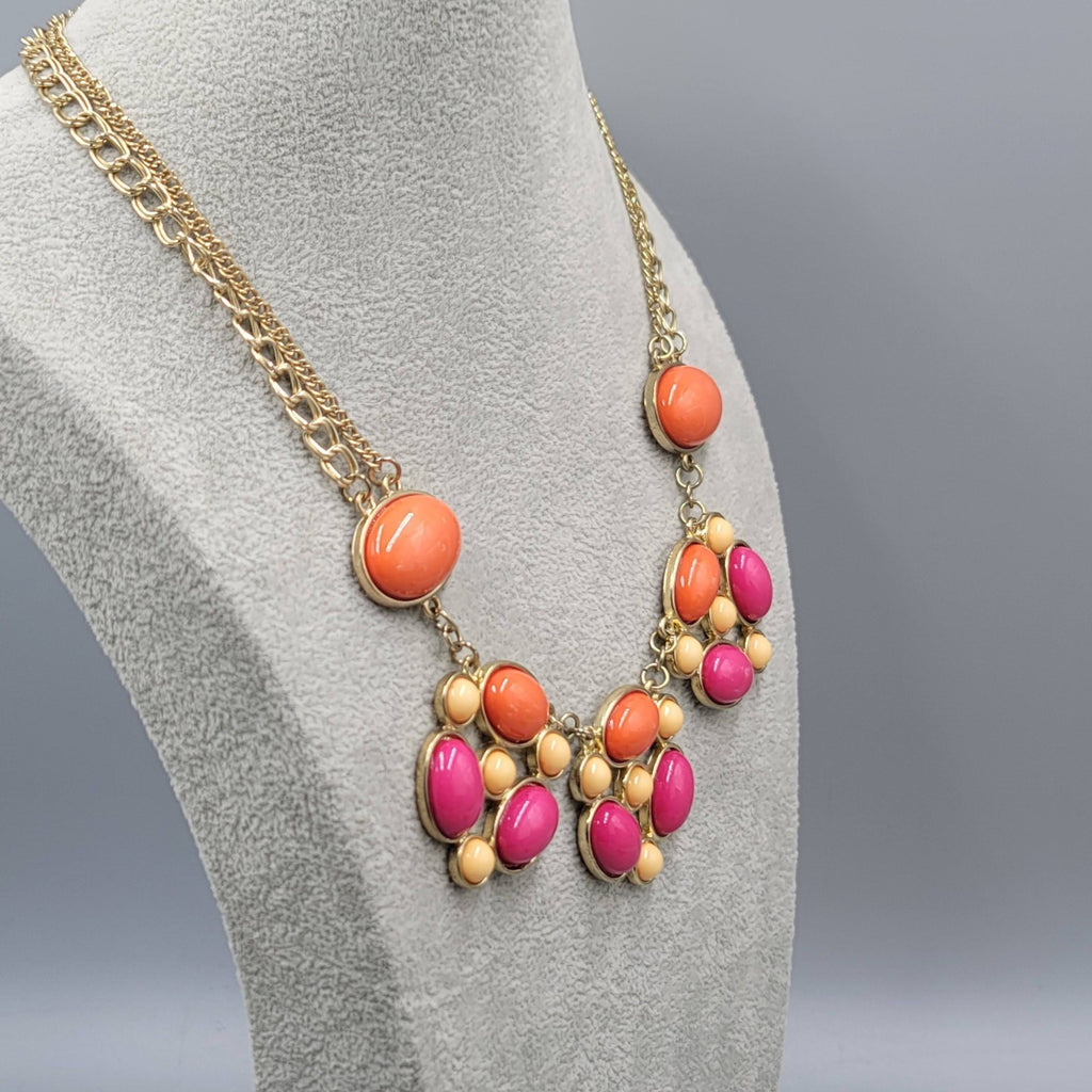 Statement Bib Necklace Pink Orange Gold tone Double Chain 18"-20"