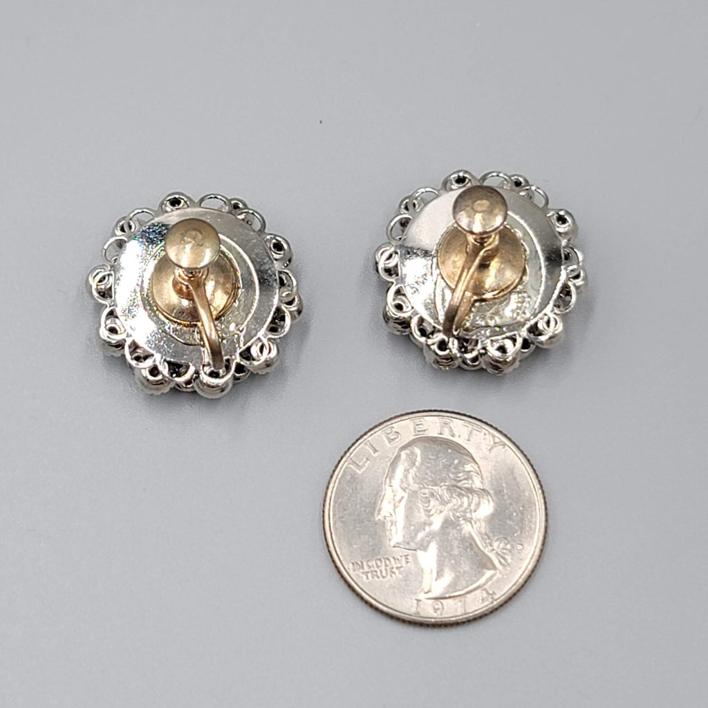 Vintage Blue Rhinestone Clip on Earrings Silver tone Screw Back Round 7/8"
