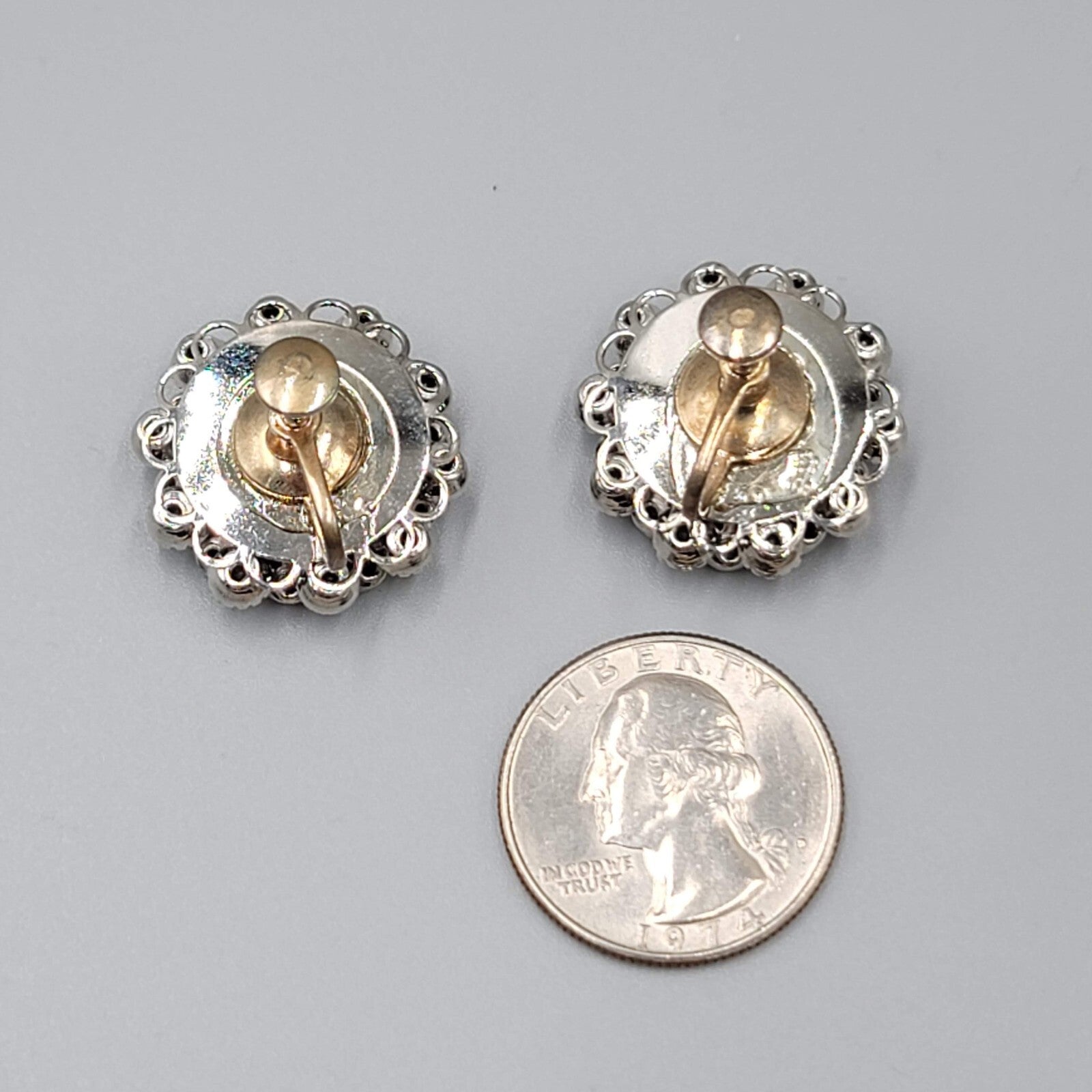 Vintage Blue Rhinestone Clip on Earrings Silver tone Screw Back Round 7/8"