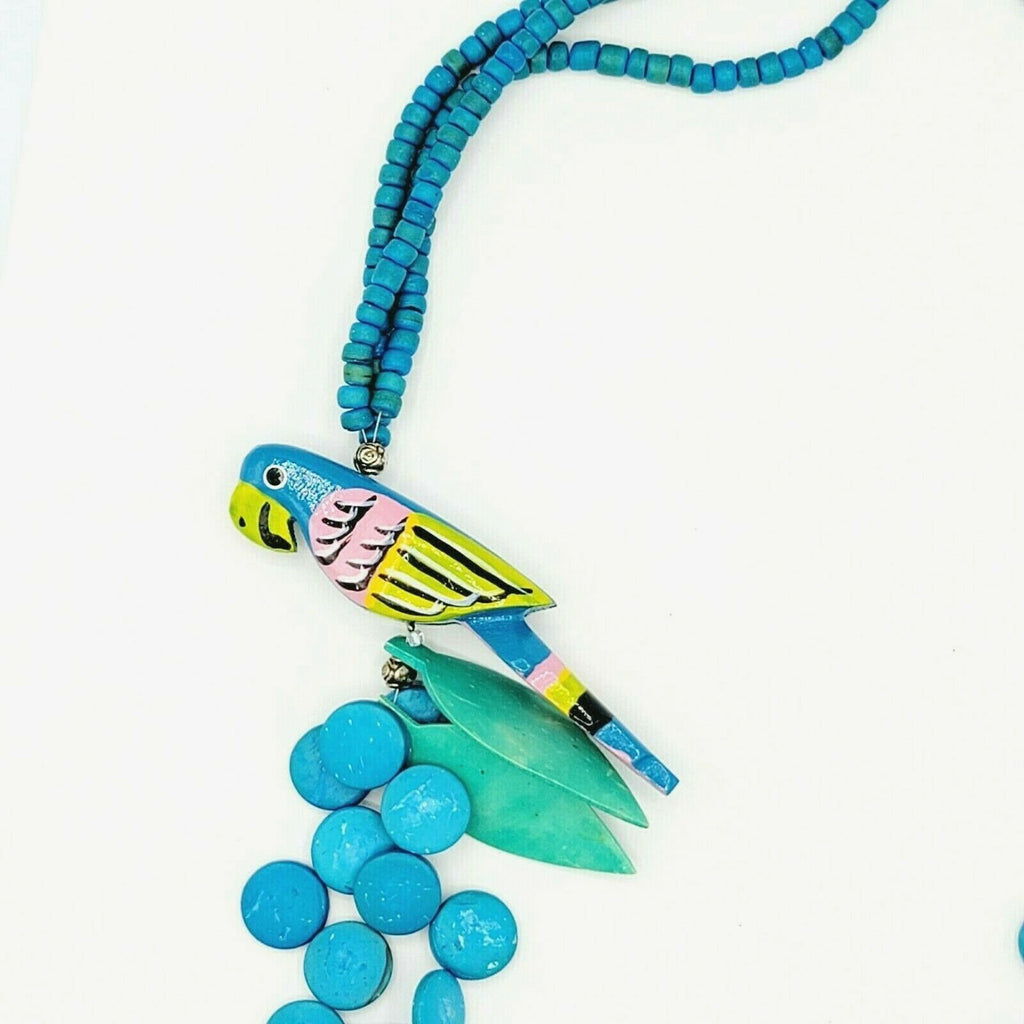 Vintage Blue Parrot Bird Coconut Bead Necklace 27 in Estate Costume Jewelry