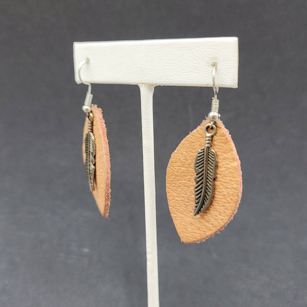 Bohemian Leather Teardrop Dangle Pierced Earrings 1.75" Metal Feather