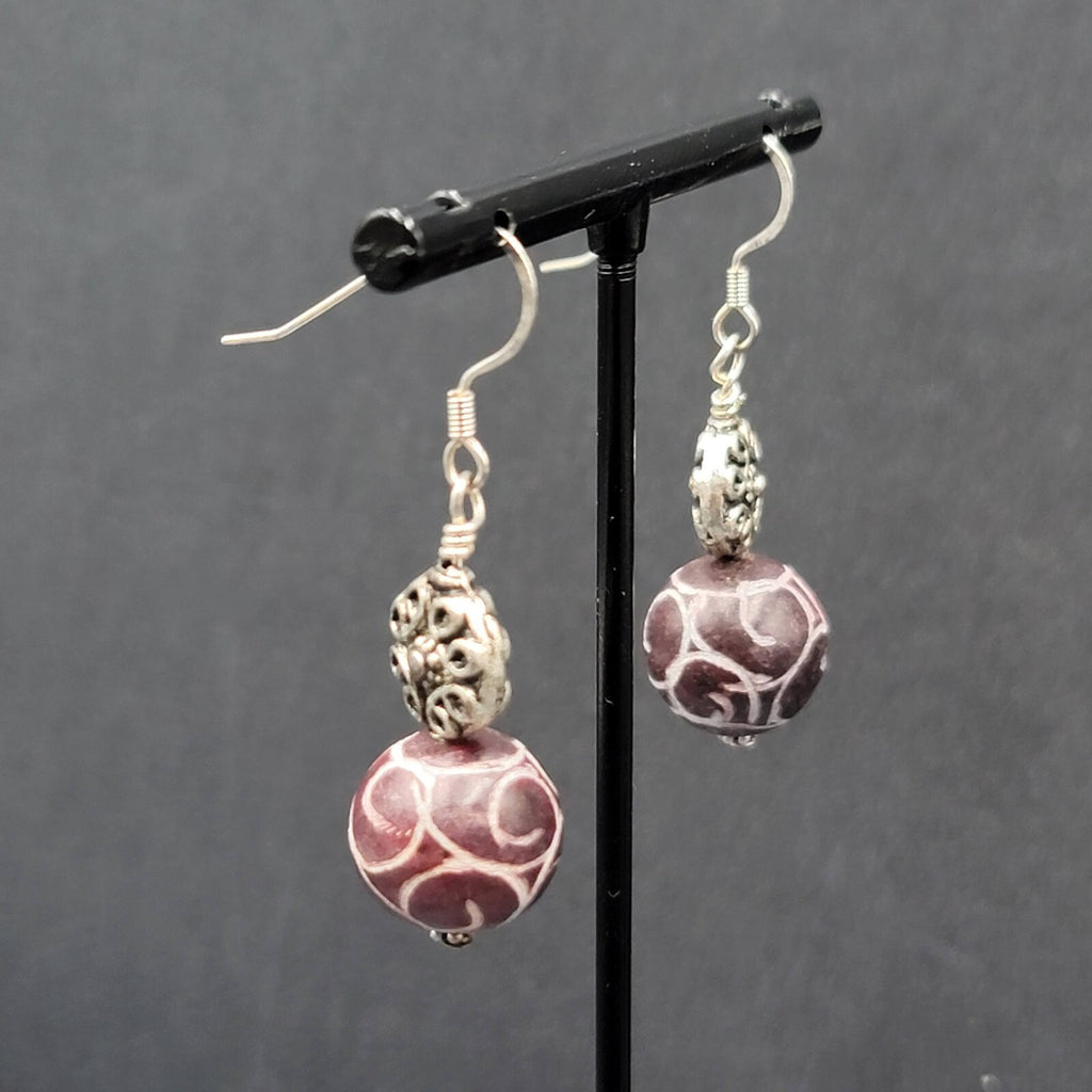 Pierced Earrings Silver tone Hand Carved Purple Stone Bead Dangle  1.25"