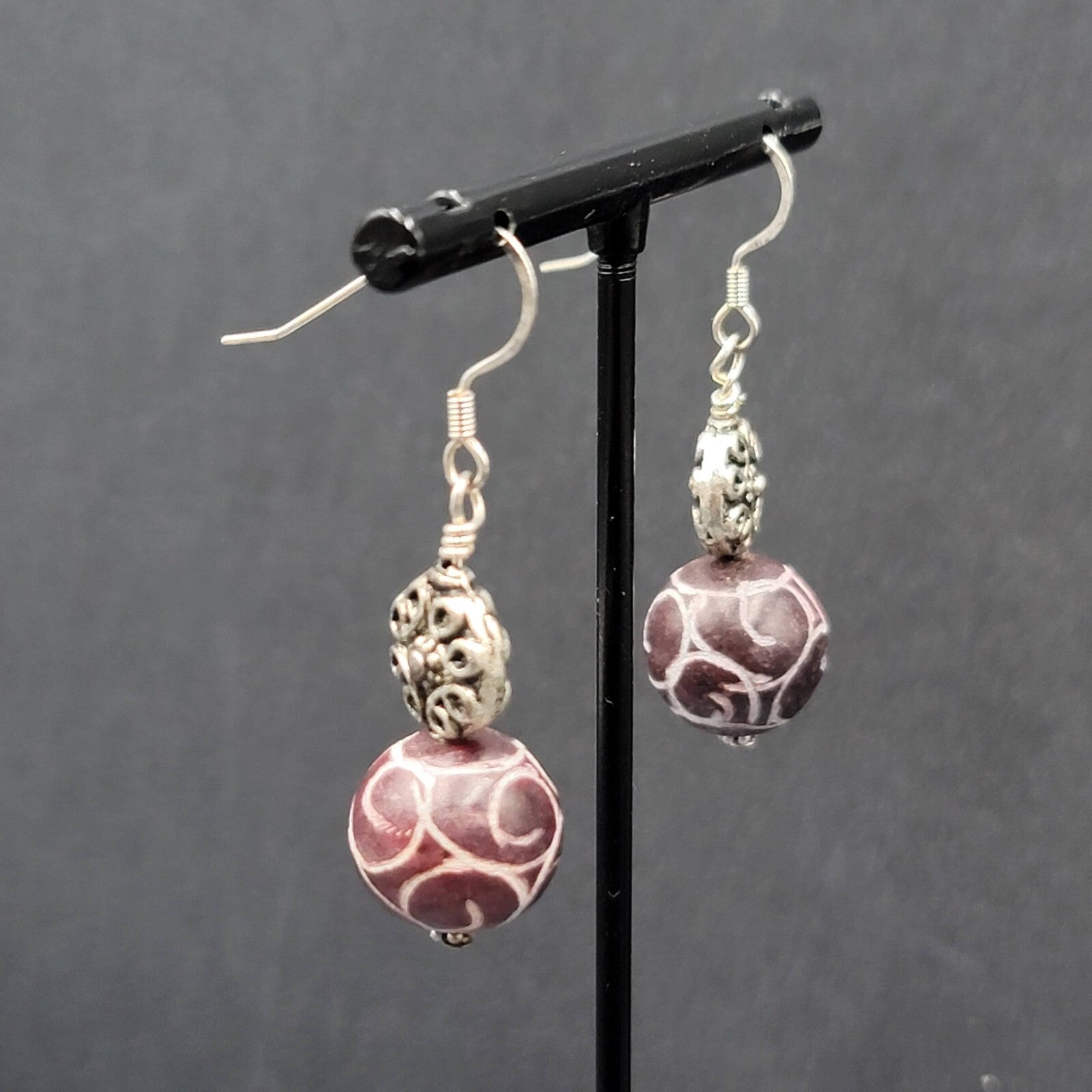 Pierced Earrings Silver tone Hand Carved Purple Stone Bead Dangle  1.25"