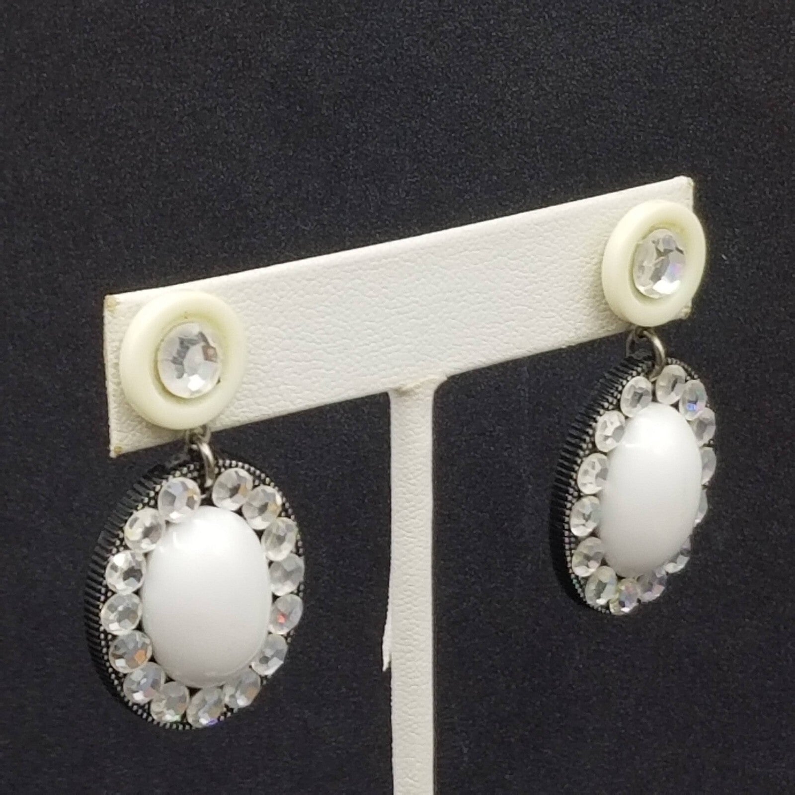 Pierced Earrings Black White Acrylic Oval Button Crystal Statement Dangle 1 5/8"