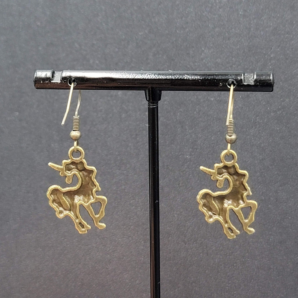 Unicorn Pierced Earrings Bronze tone Dangle 7/8" NEW