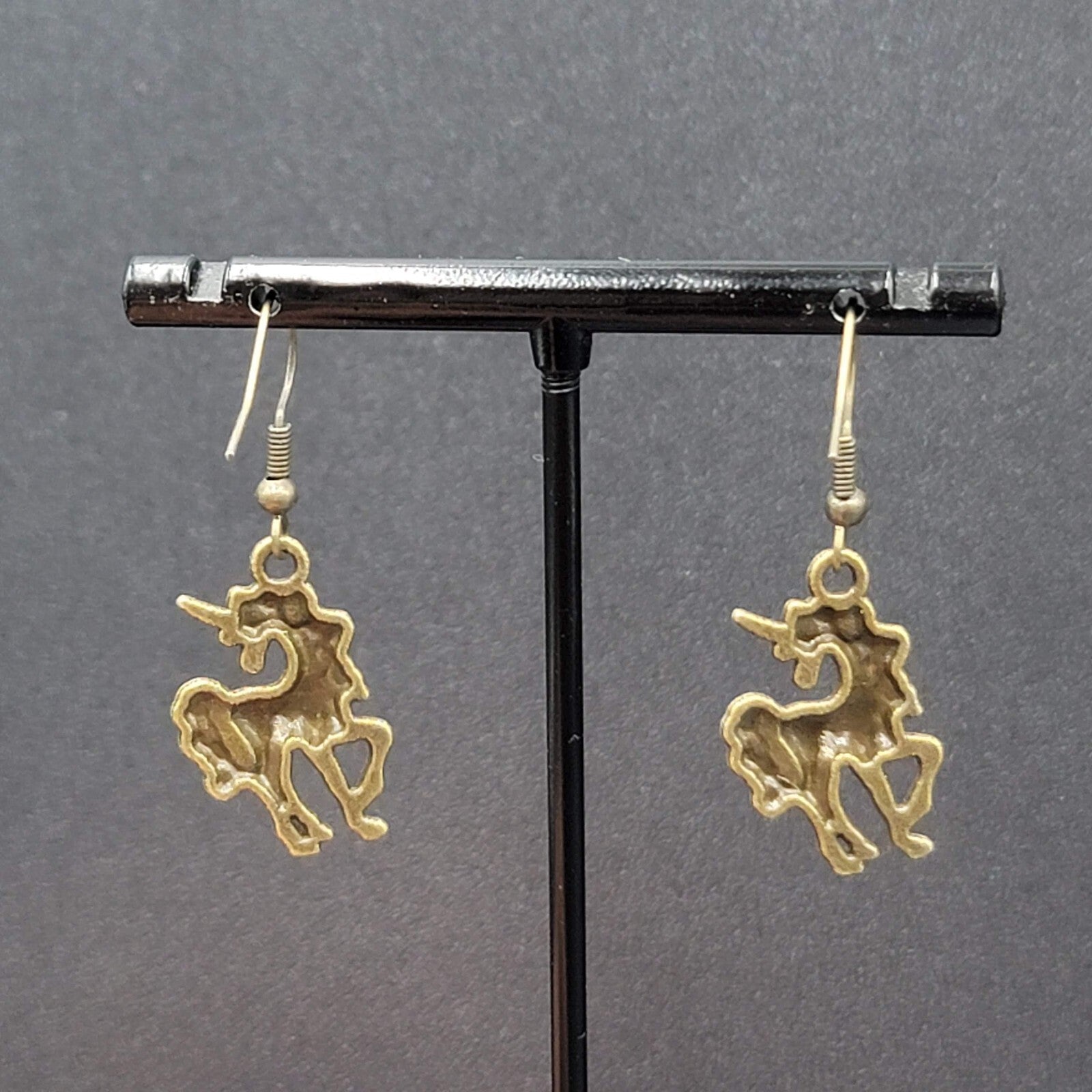 Unicorn Pierced Earrings Bronze tone Dangle 7/8" NEW