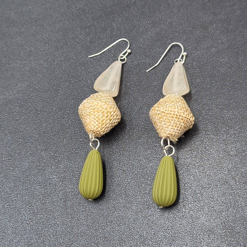 Boho Pierced Earrings Silver tone Acrylic Bead Canvas Dangle 3"