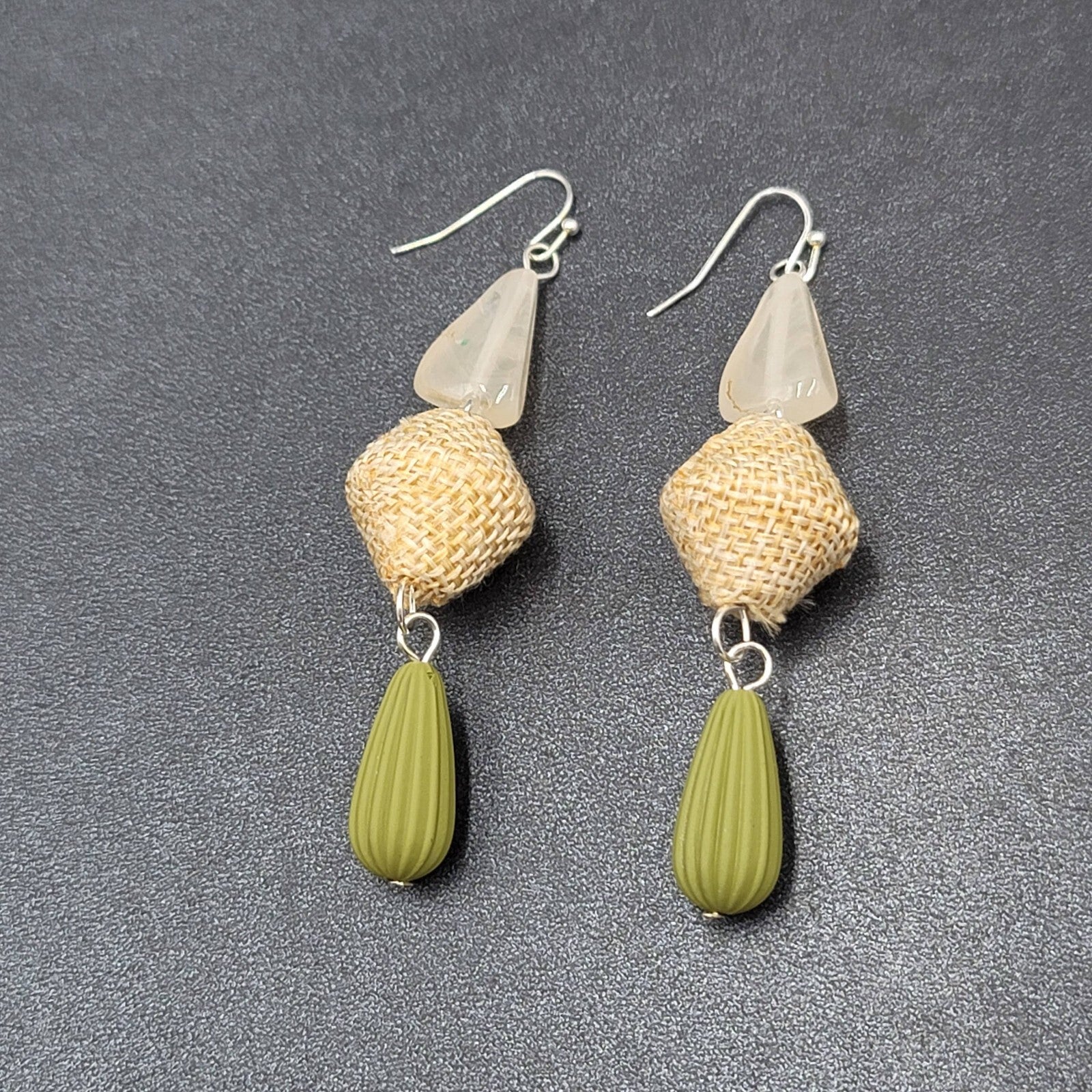 Boho Pierced Earrings Silver tone Acrylic Bead Canvas Dangle 3"