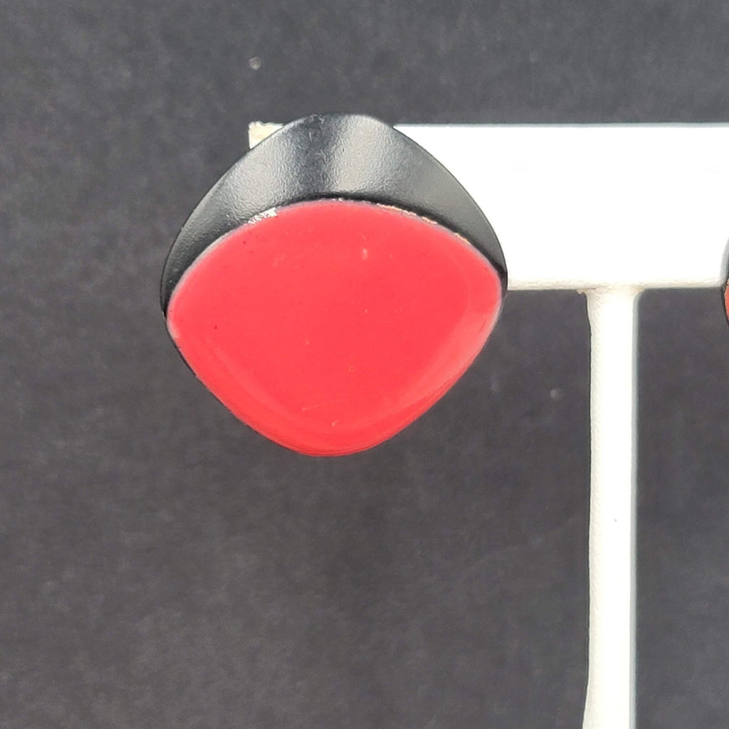 Vintage 1980s Pierced Earrings Black Red Enamel Dangle Geometric 1 1/8"