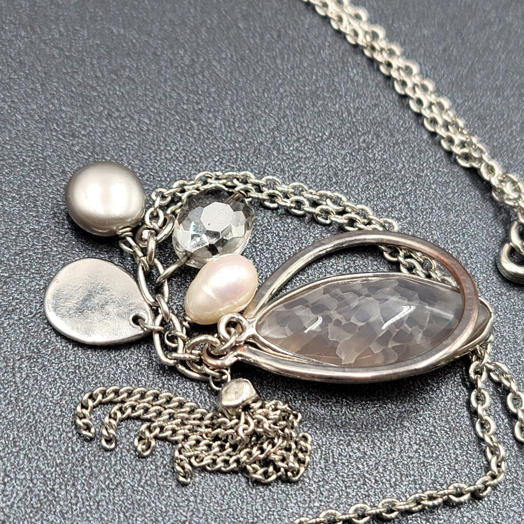 LOFT Pendant Necklace Silver tone Gray Stone Pearl LONG 32"