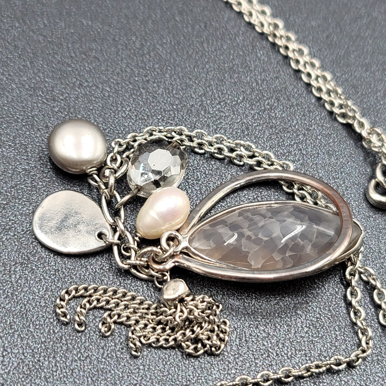 LOFT Pendant Necklace Silver tone Gray Stone Pearl LONG 32"