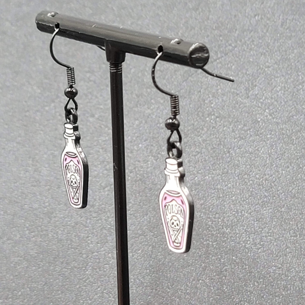 Poison Pierced Earrings Purple Black White Enamel Dangle 7/8" 