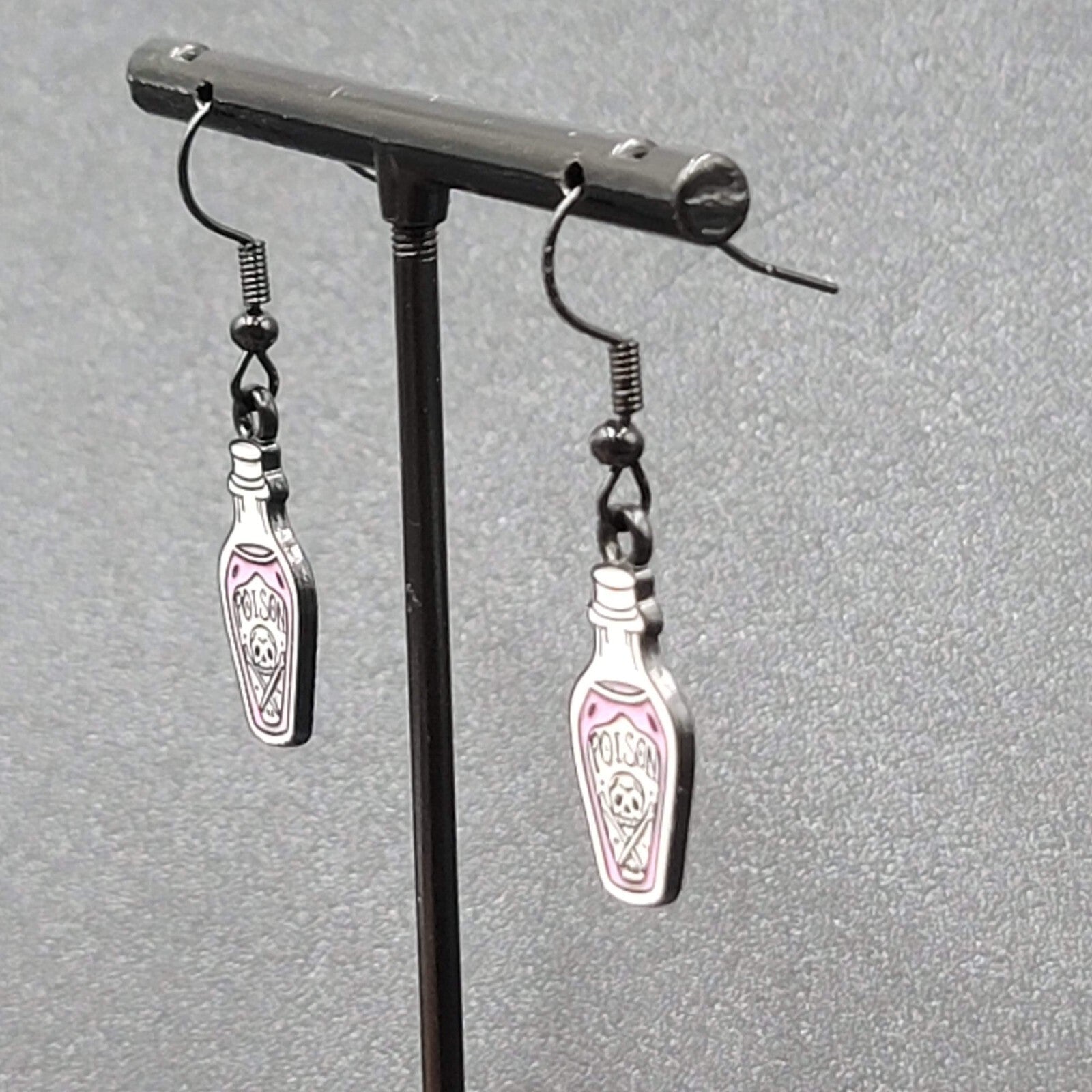 Poison Pierced Earrings Purple Black White Enamel Dangle 7/8" 