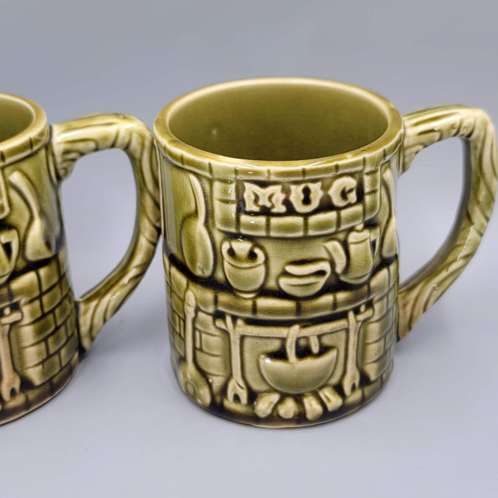 Vintage Japan Coffee Mug Cup Set of 2 Green Glaze MCM