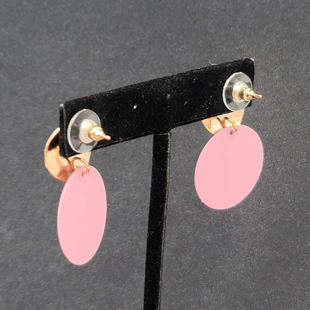 Pierced Earrings Mauve Pink Enamel Gold tone Double Discs Dangle 1 3/8"