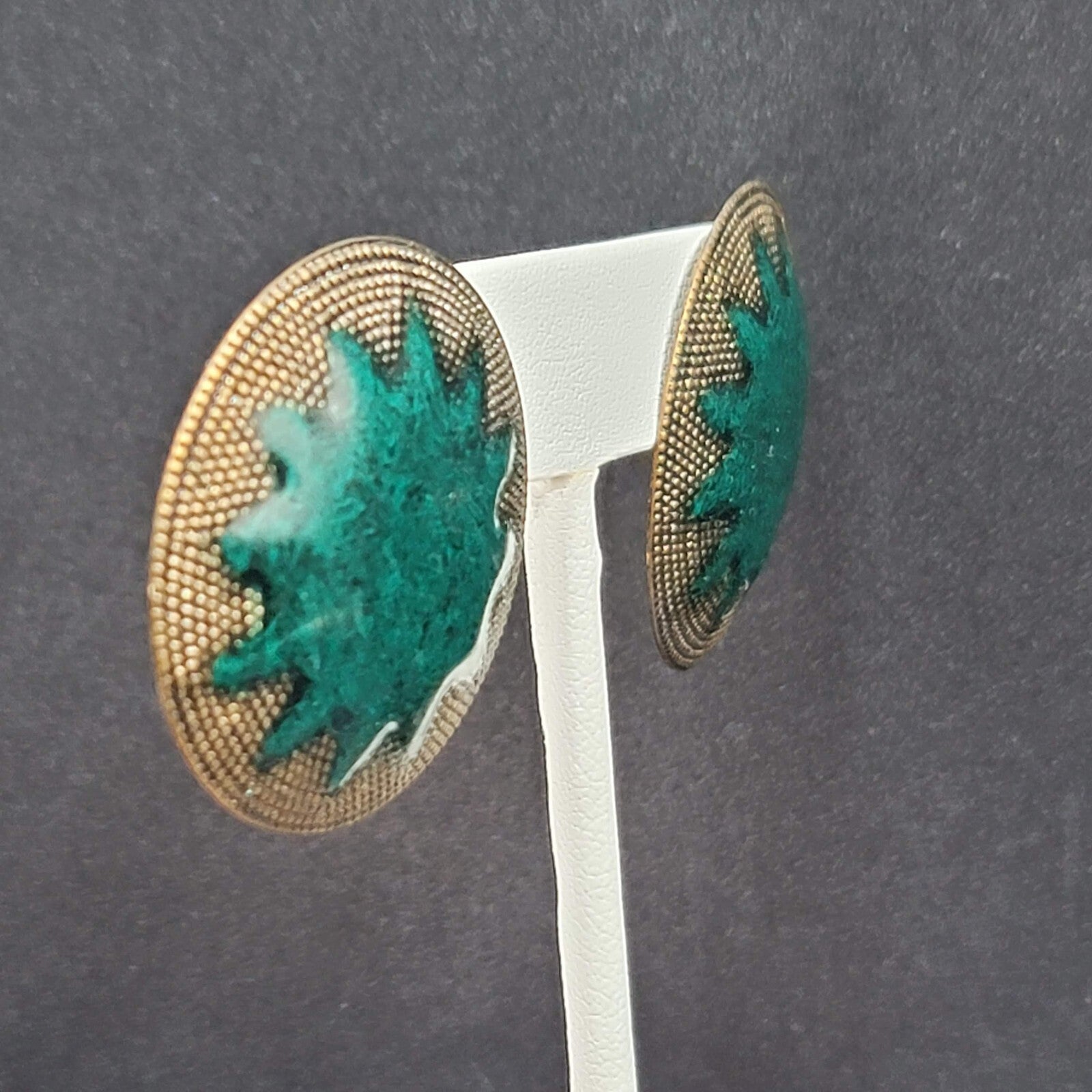 Vintage Pierced Earrings Large Gold tone Green Enamel Statement Round 1 3/8"